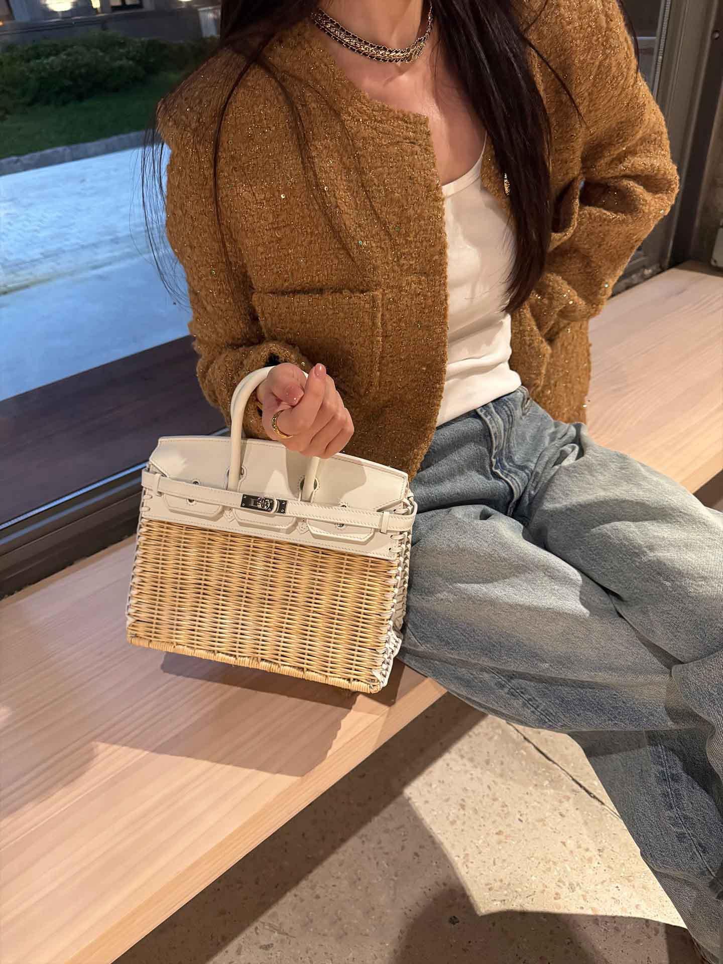 2026 Fashion Handbag, High-Quality Handmade Basket Bag, Picnic Lunch Bag, Platinum Color Bag for Girlfriend, Mother's Gift, Natural Rattan Crossbody Bag