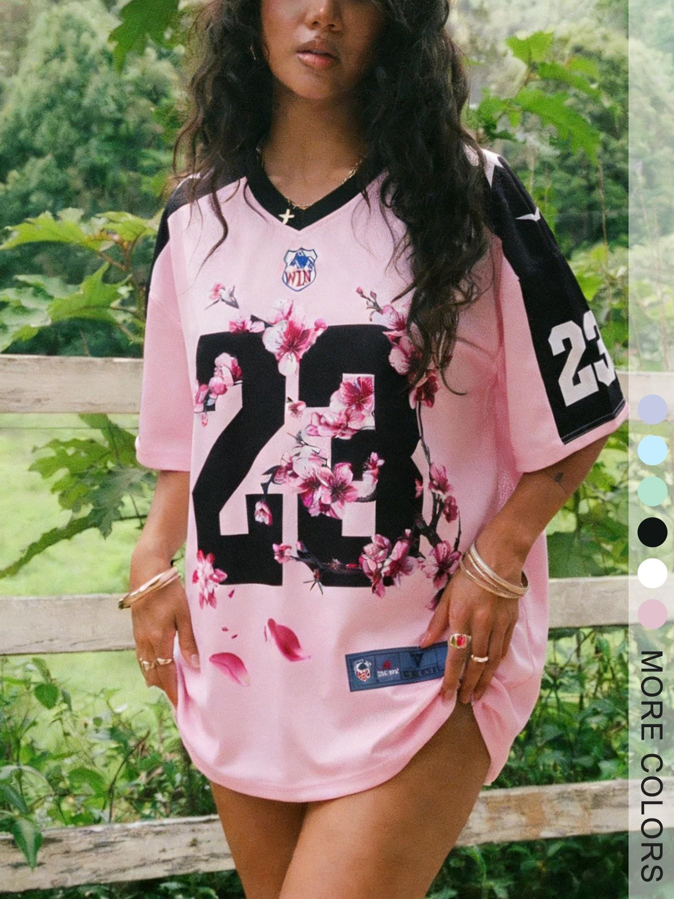 Women's Vintage Loose Fit Football Jersey, Floral Print & Sleeves, Casual Sports Wear, Outdoor Activities & Daily Wear