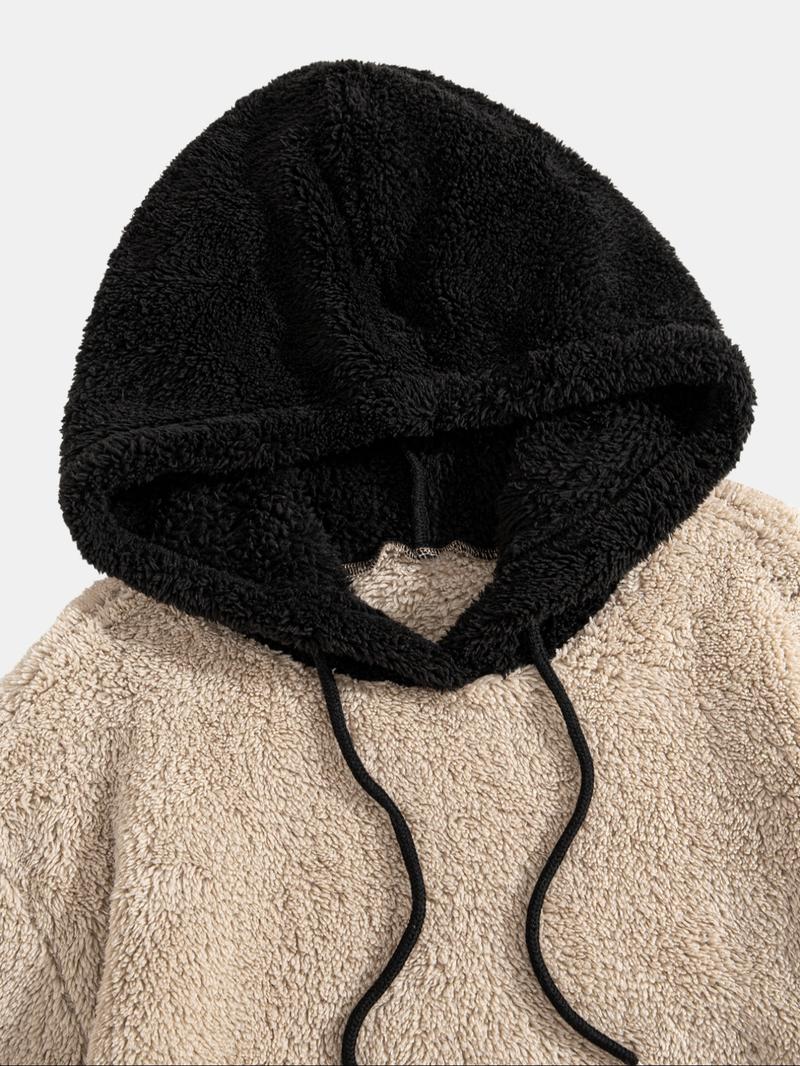 Men's Colorblock Fleece Hoodie Sweatshirt with Pockets, Cold Weather Warm Casual Sports Jacket, Men's Fashionable Pullover