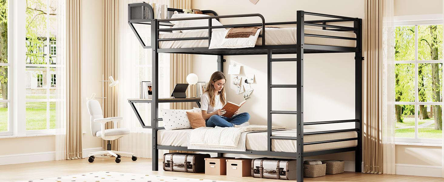 【SPRING GLOW UP】ONBRILL Bunk Bed Twin Over Twin, Metal Bunk Beds with Power Outlets & Desk, Heavy-Duty Bunkbeds Frame with Safety Guardrail & Ladders, Upper Bed with Storage Rack, No Box Spring Needed, for Juniors