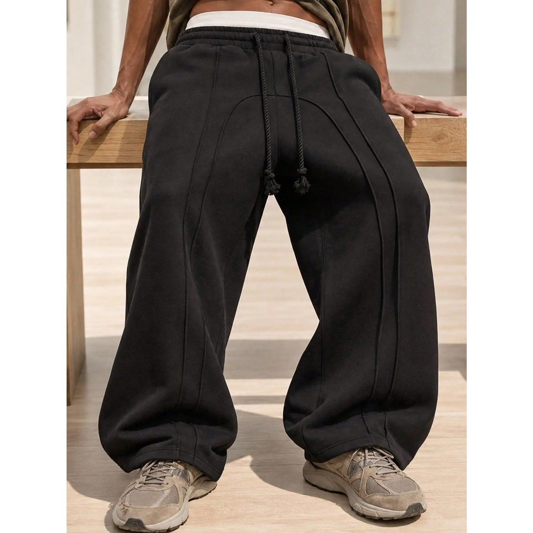 Men's Regular Waist Wide Leg Sweatpants - Elastic Drawstring, Seam Detail, Casual Streetwear Baggy Jogger Pants