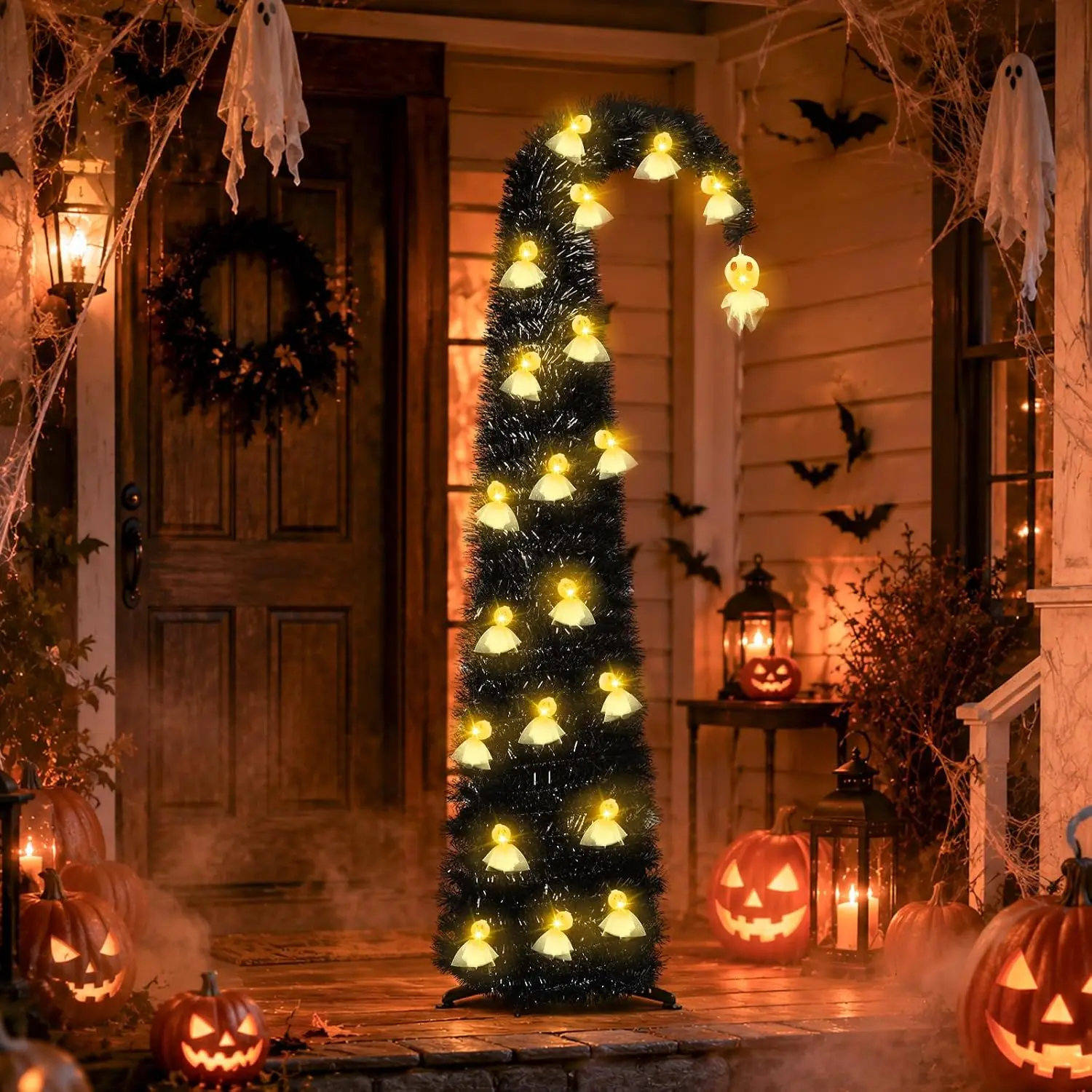 6FT Black Halloween Pop Up Christmas Tree with  String Lights |  Curved Tinsel Pencil Tree, 40 Warm White  Lights, 6-Hour Timer, Foldable Design for Apartments Porch Party Decor
