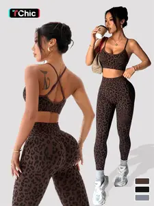 Women's Summer Leopard Print Two-Piece Set, Criss Cross Adjustable Straps, High Waist Tight Bottoms, Sporty Yoga Fitness Wear