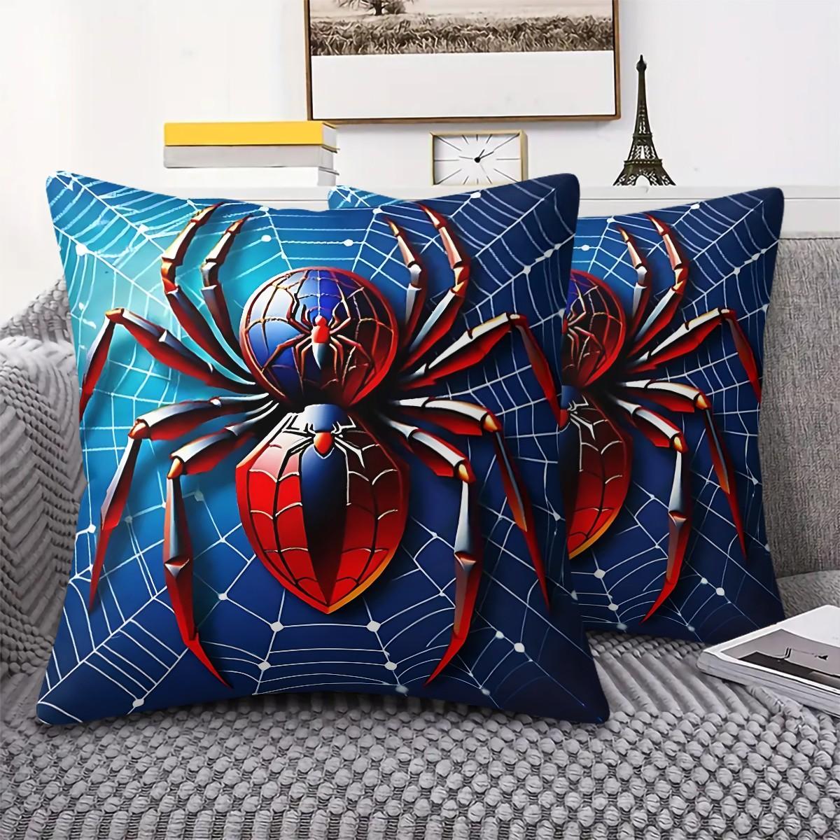 Large Spider Pattern Digitally Printed Throw Pillow (With Insert), 45cm Square Pillow, Featuring a Blue Sphere and Red Shield Design, Suitable for Sofas and Bedrooms, Eye-Catching and a Unique Cushion for Spider Enthusiasts.