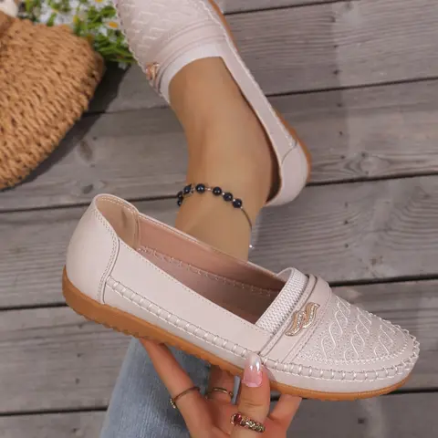 Goreyodoly Women Wide Fit Loafers Wave Embroidery Elastic Slip On Shoes Soft Upper Cushion Insole Lightweight Comfortable Anti Slip Durable Sole Casual Daily Commuting Travel Shoes All Season Versatile Elegant Style Slip On Flats