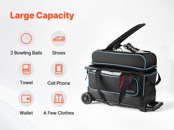 fathersdaygift  VEVOR Bowling Ball Bag, 2 Ball Double Roller Bowling Bag with Wheels, Featuring a Separate Compartment for Shoes (Up To US Size 16) Oversized Accessory Pocket, Retractable Handle Extends to 41.32 in