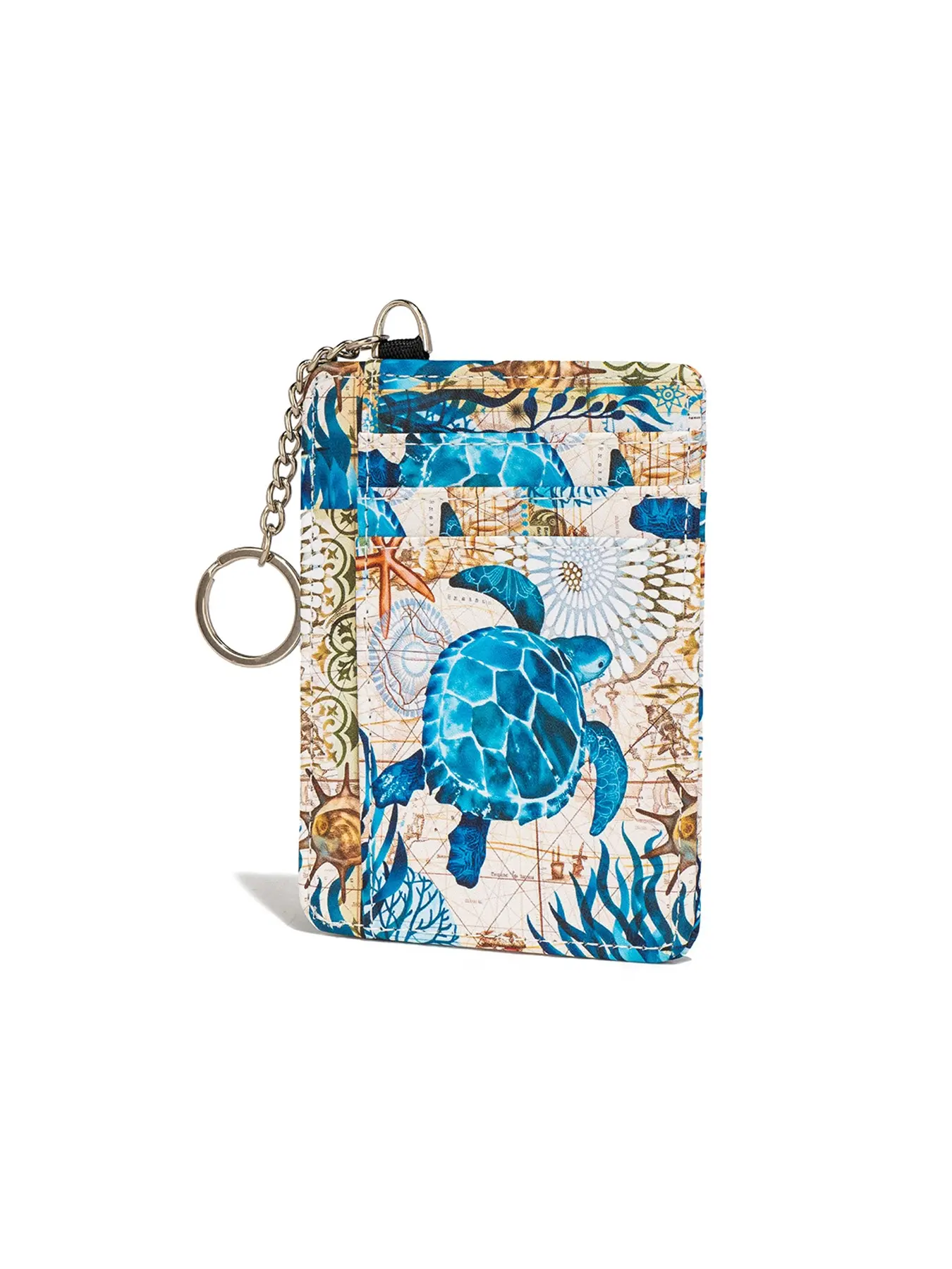 1pc Vintage Ocean Map Sea Turtle Printed Slim Card Holder Wallet With Metal Key Ring Chain, Multi Card Slots Portable Pocket Purse, Lovely Marine Themed Accessory For Daily Outing And Backpack Decoration, Credit Card Holder