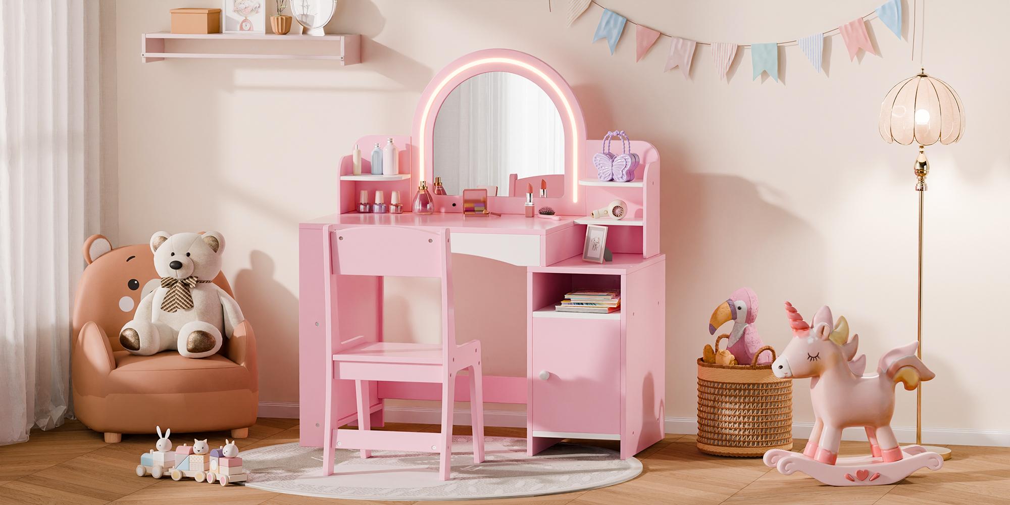 Topwin Modern Pink & White Vanity Desk Set with Lighted Mirror and Chair | Storage Shelves | Makeup Table with Drawer