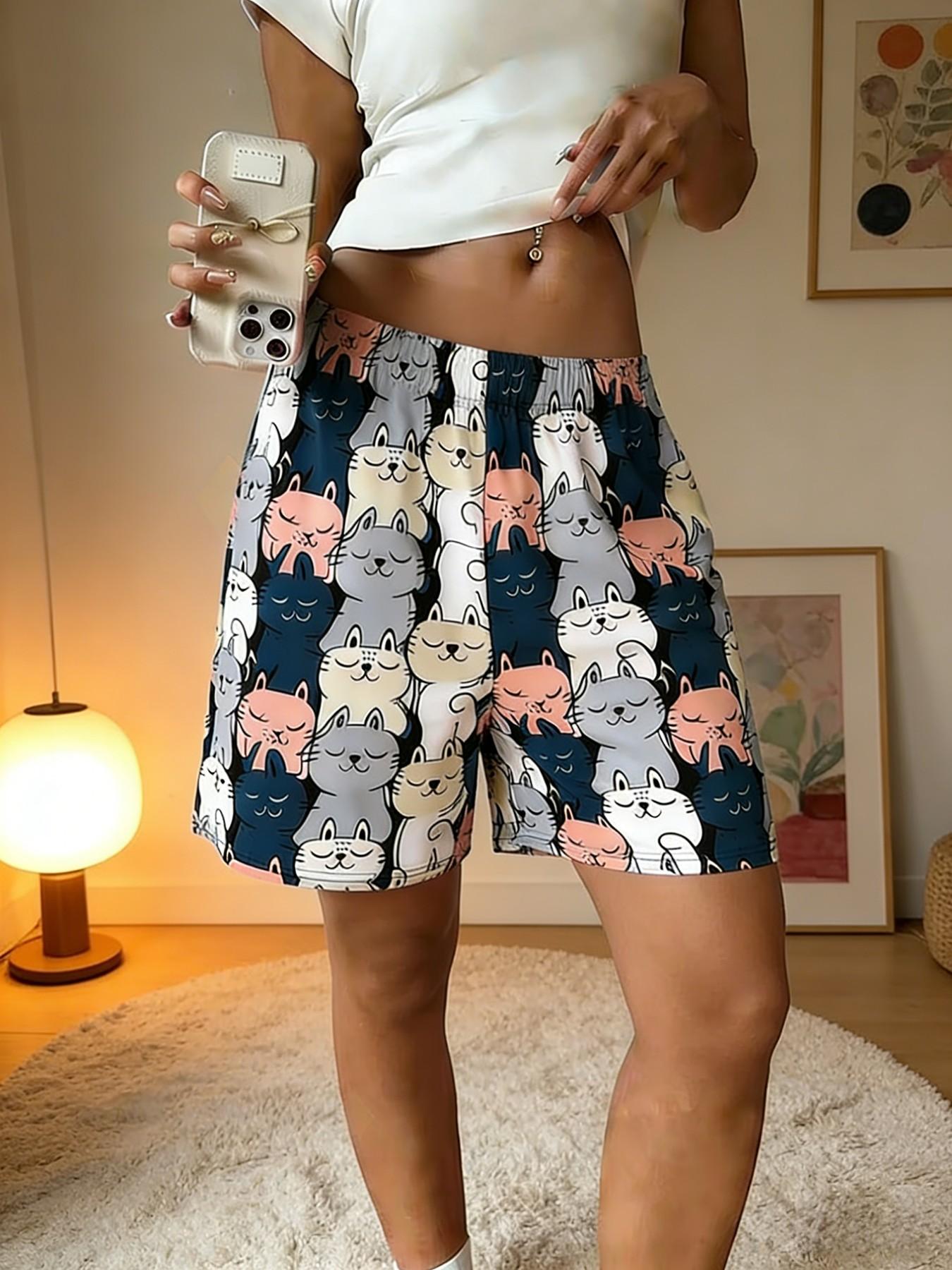 Women's Cute Cat Print Lounge Shorts, Casual Elastic Waist Pajama Bottoms, Soft Cartoon Graphic Sleep Shorts for Home Wear, Daily Relax & Loungewear