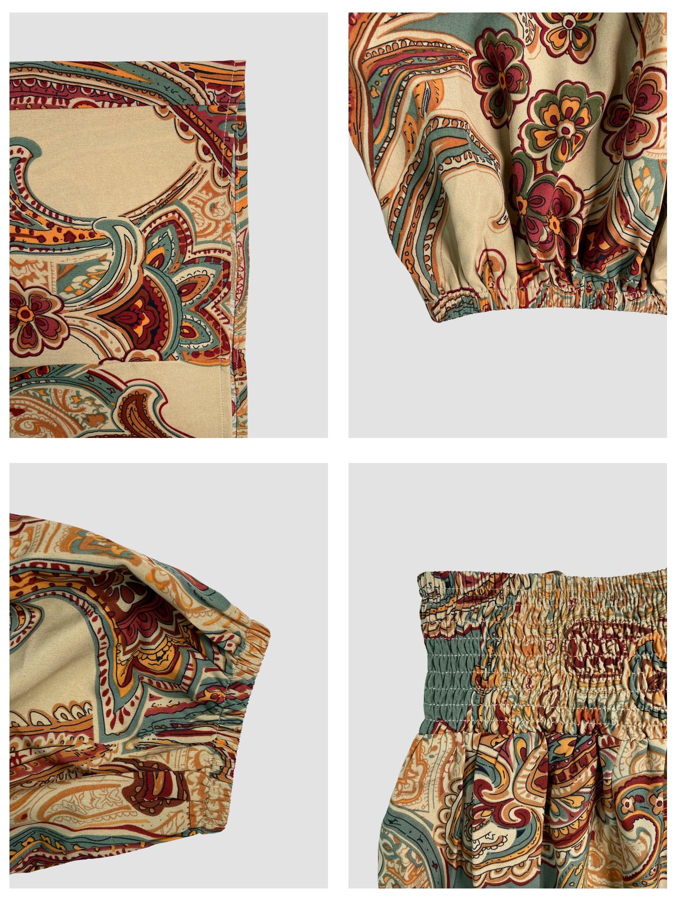 Women's Summer Paisley Print Vintage Vacation Two-Piece Set, Off-Shoulder Bubble Sleeve Crop Top + High Waist Drawstring Wide Leg Pants Women's Summer Paisley Print Vintage Vacation Two-Piece Set, Off-Shoulder Bubble Sleeve Crop Top + High Waist Drawstring Wide Leg Pants