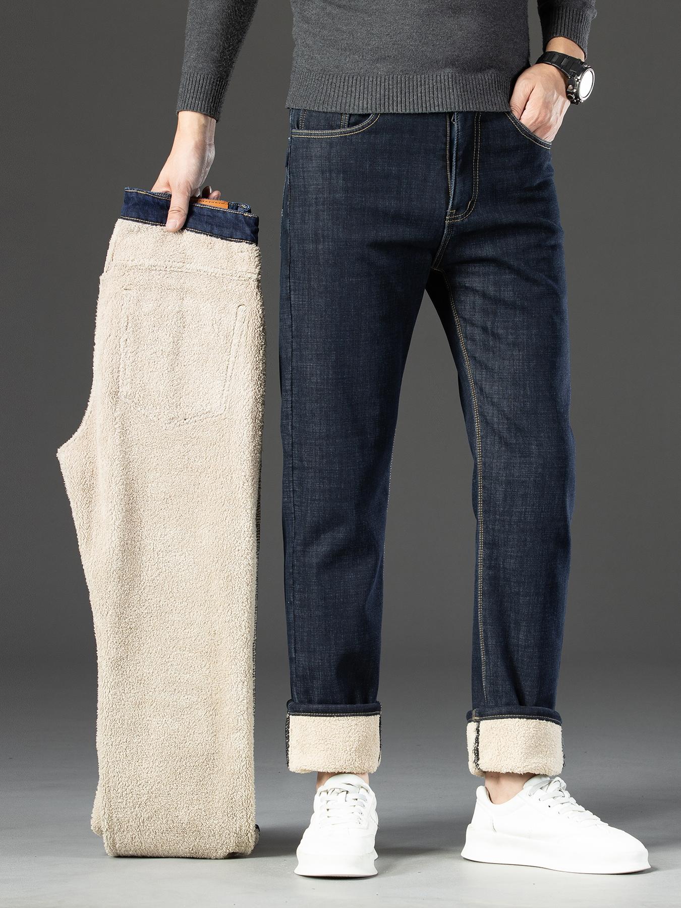 Men's Fleece Lined Denim Jeans, Winter Loose Straight Leg Warm Casual Pants, Thickened Thermal Comfortable Men's Clothing