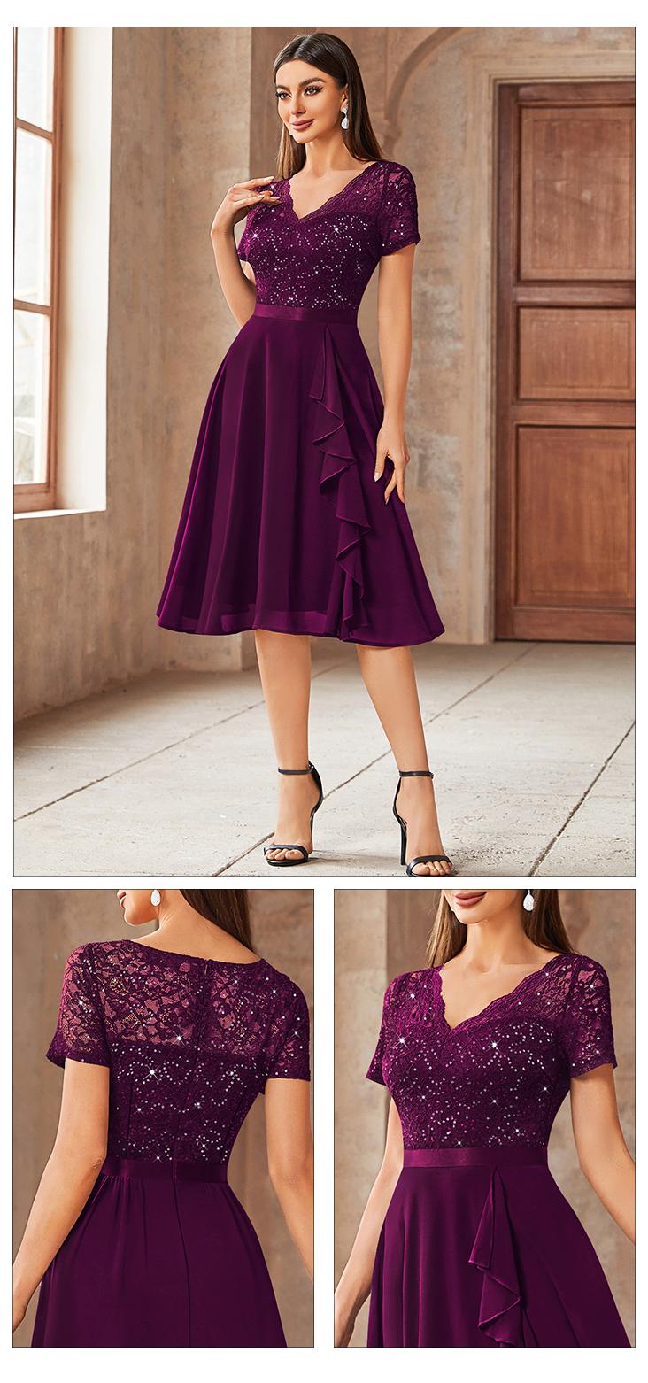 MIUSOL 24224 VNeck Contrast Lace Solid Shortsleeve Sequin Insert Ruffle Trim Chiffon Cocktail Party Swing Dress