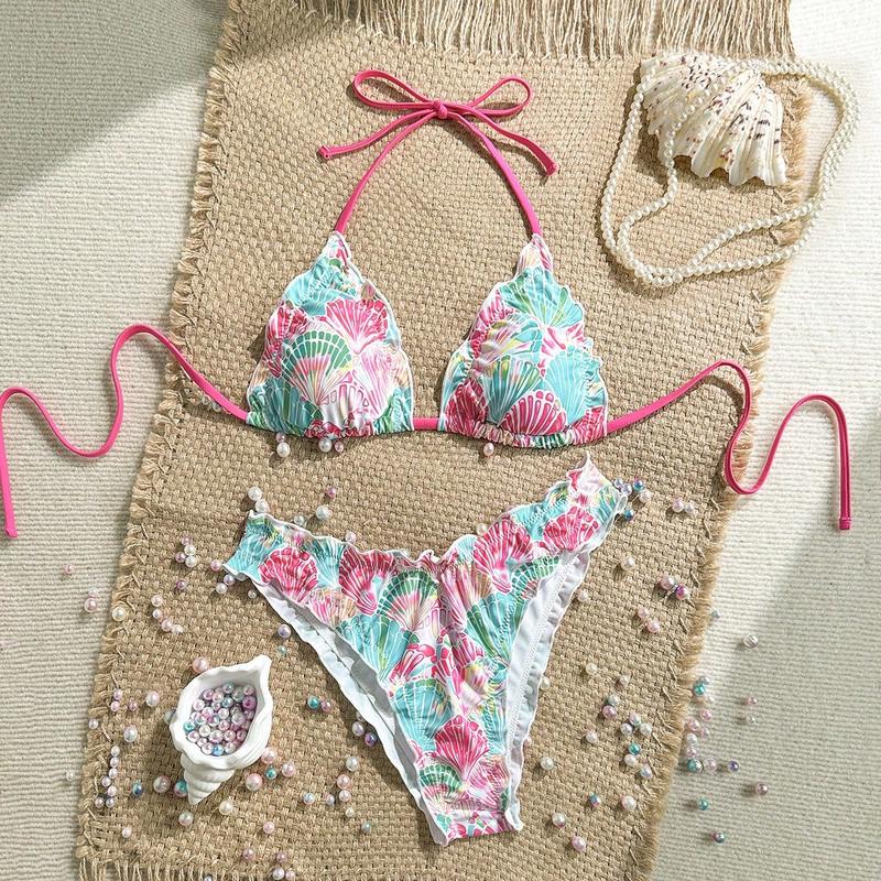 Women's Triangle Bikini Set Ruffles Spaghetti Strap High Cut Ruffle Trim Swimsuit Ditsy Floral Lace Up Two Piece Bathing Suits