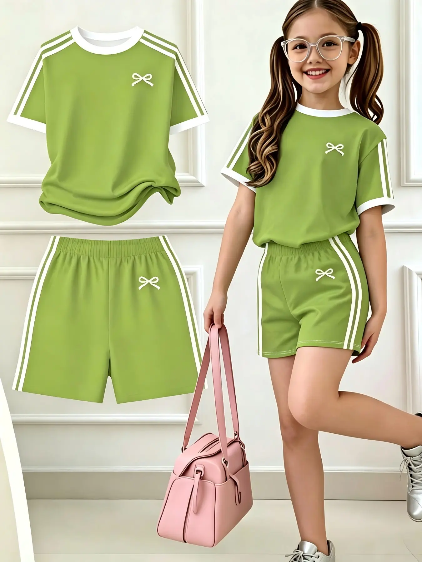 2-piece set: a minimalist short-sleeve T-shirt and shorts set with a bow print, featuring a star-shaped design. Perfect for spring and summer, with a Y2K vibe, ideal for campus activities—comfortable, casual, and stylish
