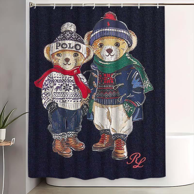 Polo Fashion Bear Shower Curtain Set, Bathroom Decor Accessories with 12 Hooks, Non-Slip Bath Mat and U-Shaped Toilet Lid Cover