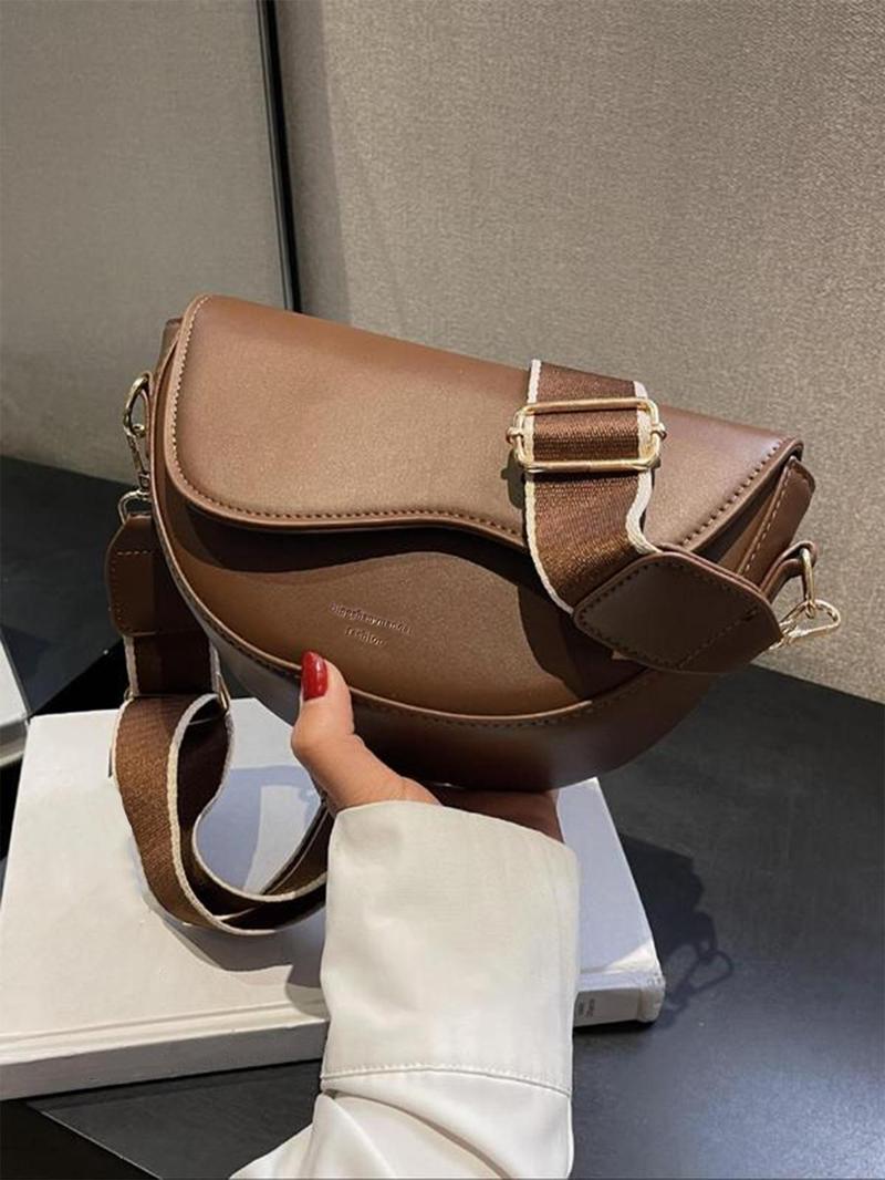 Women's Retro Solid Color Saddle Bag, Wide Shoulder Strap Messenger Bag, Fashionable Classic Popular Shoulder Bag, Suitable for Daily Outing