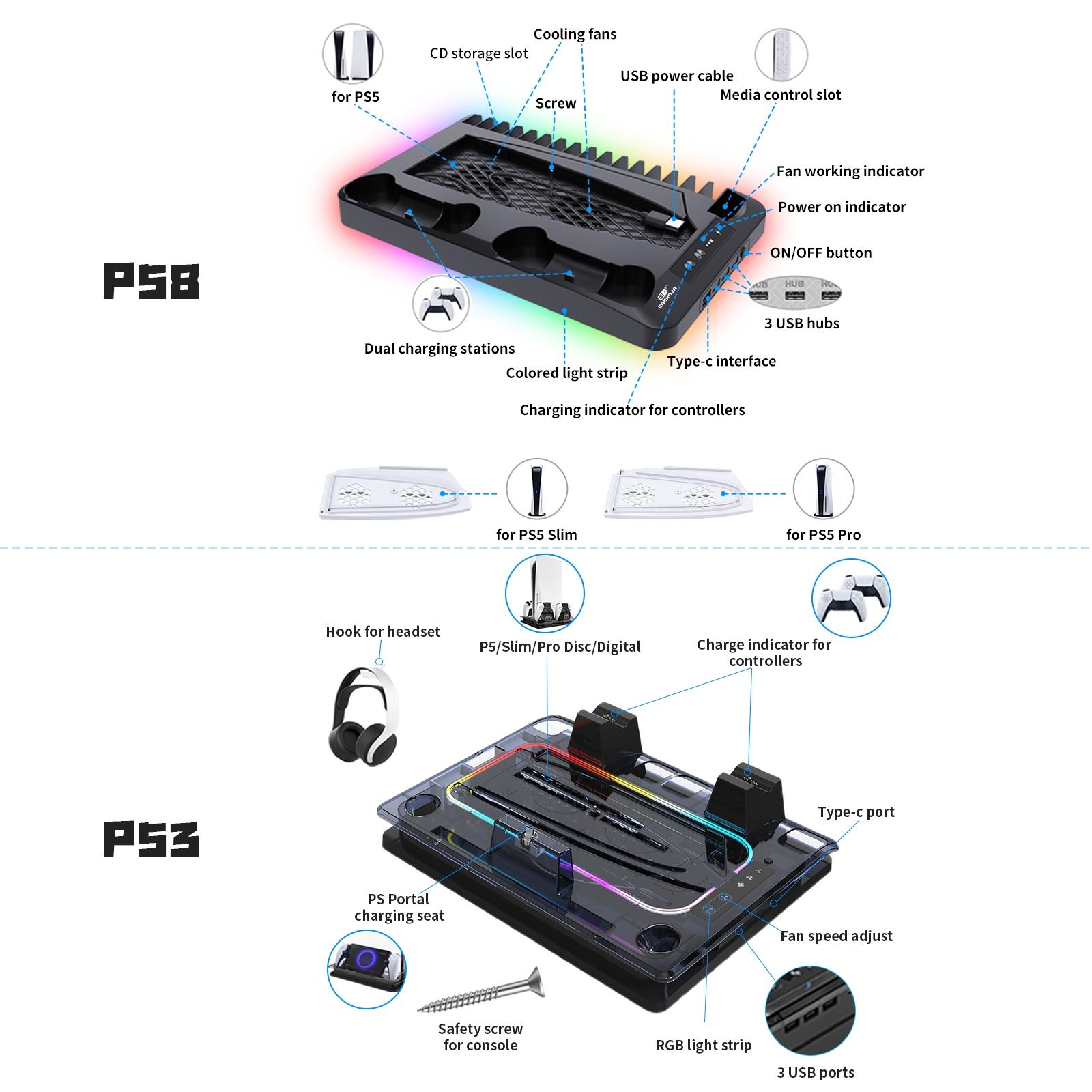 Gaming Console Charging Base, Dual Charging Stand with Earphone Hook, Vertical Cooling Support, Console Accessories for PS5 Controller, Charging Dock Accessories