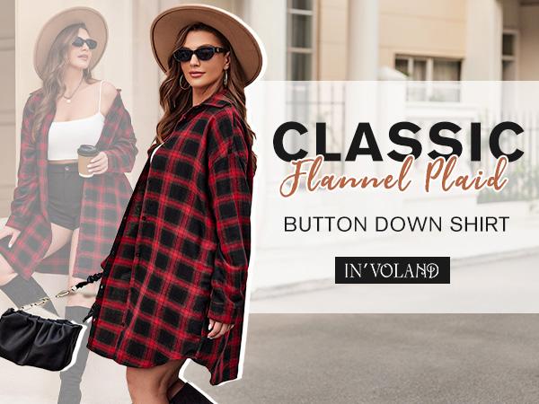 IN'VOLAND Womens Plus Size Plaid Shirt Long Sleeve Button Down Blouses Tops Shacket Jackets Coats with Pockets Chic Fashion Lightweight#US 2025 Deals for You Days Size runs small thin