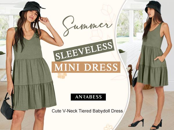 ANRABESS Womens Summer Casual Tank Dress Sleeveless V Neck T Shirt Sundress Flowy Tiered Swing Mini Beach Vacation Going Dresses Outdoor Womenswear