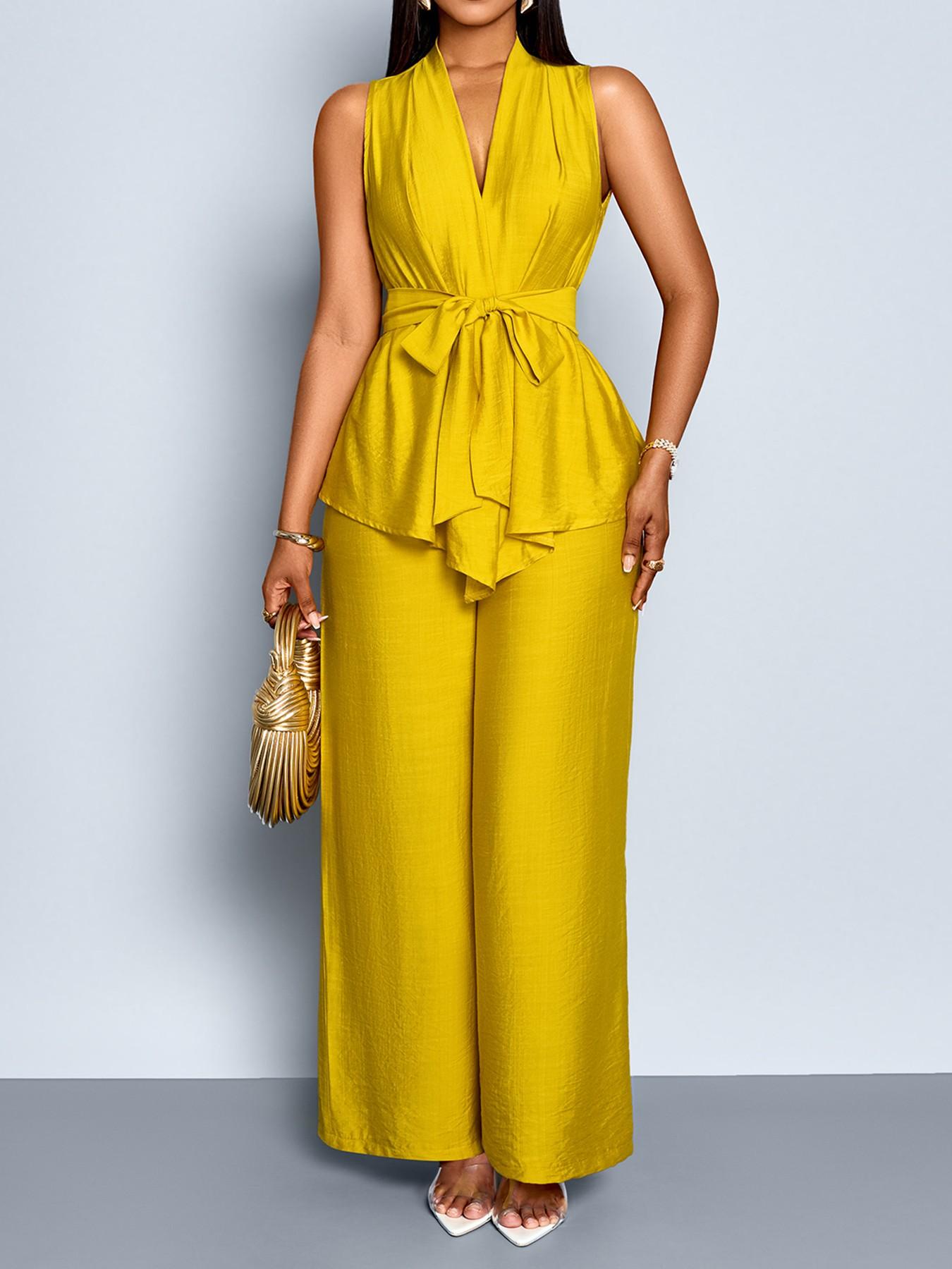 Two-Piece Summer Casual Chic Women's Deep V Neck Sleeveless Belted Top & High Waist Wide Leg Pants Set for Outing, Office and Date Night