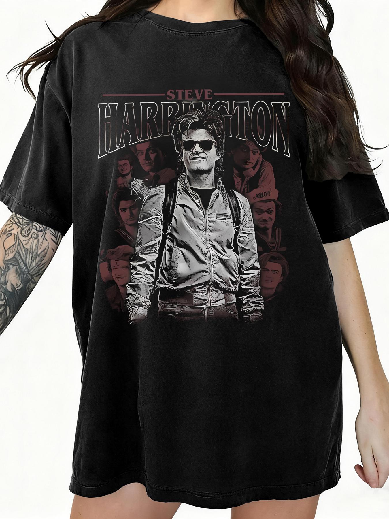 Women's Oversized Streetwear Stranger Things Steve Harrington Graphic T-Shirt | Vintage Distressed Tunic Tee | Casual Loose Fit Fan Merch Shirt for Women | Retro TV Show Graphic Tee | Comfortable Baggy Tshirt with Character Print