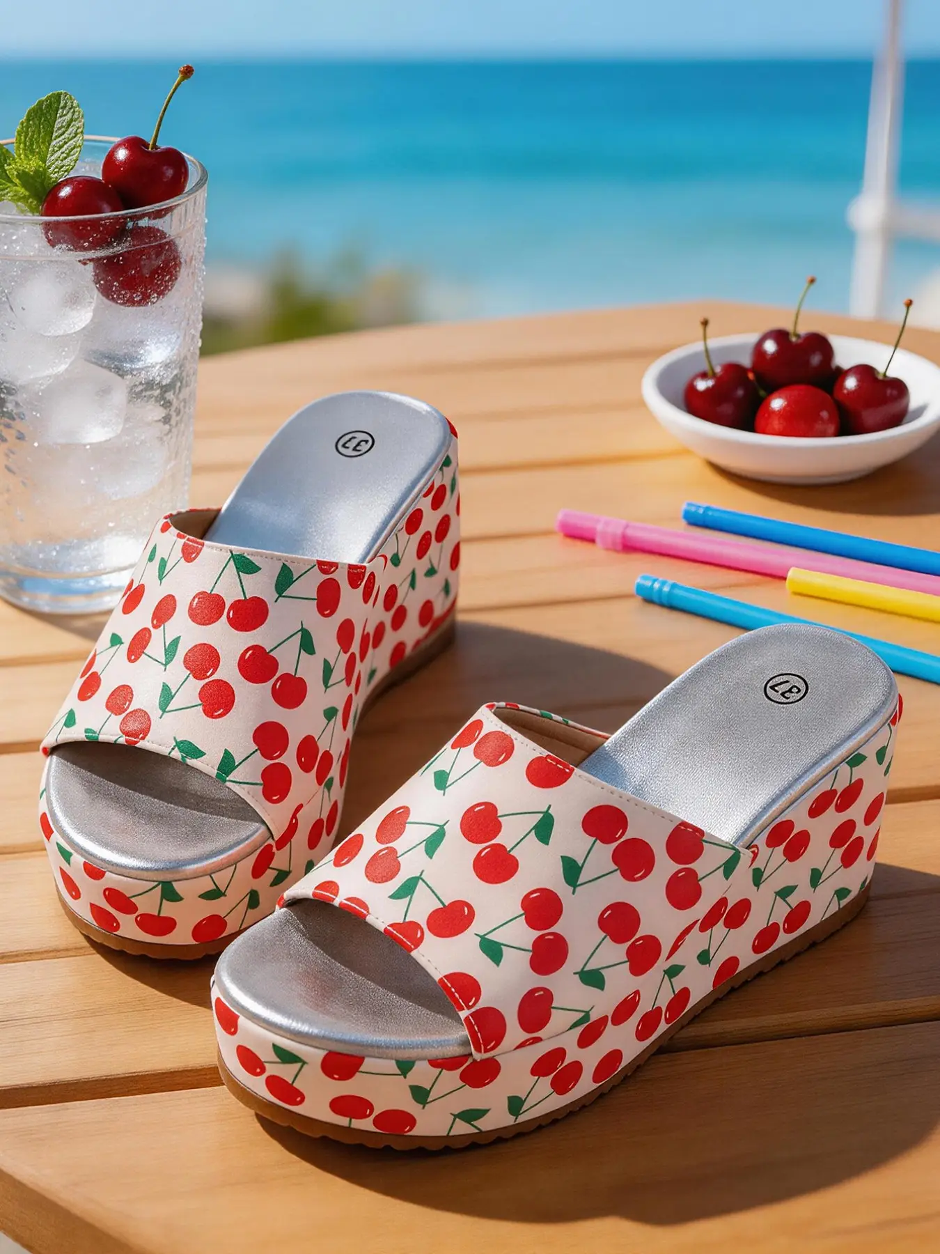 Women's Thick Sole Cherry Sandals, 9cm Heel Summer Fashion, Breathable High-Heeled Slippers, Comfortable All-Day Wear, Back-To-School, Valentine's Day, Wedding Season