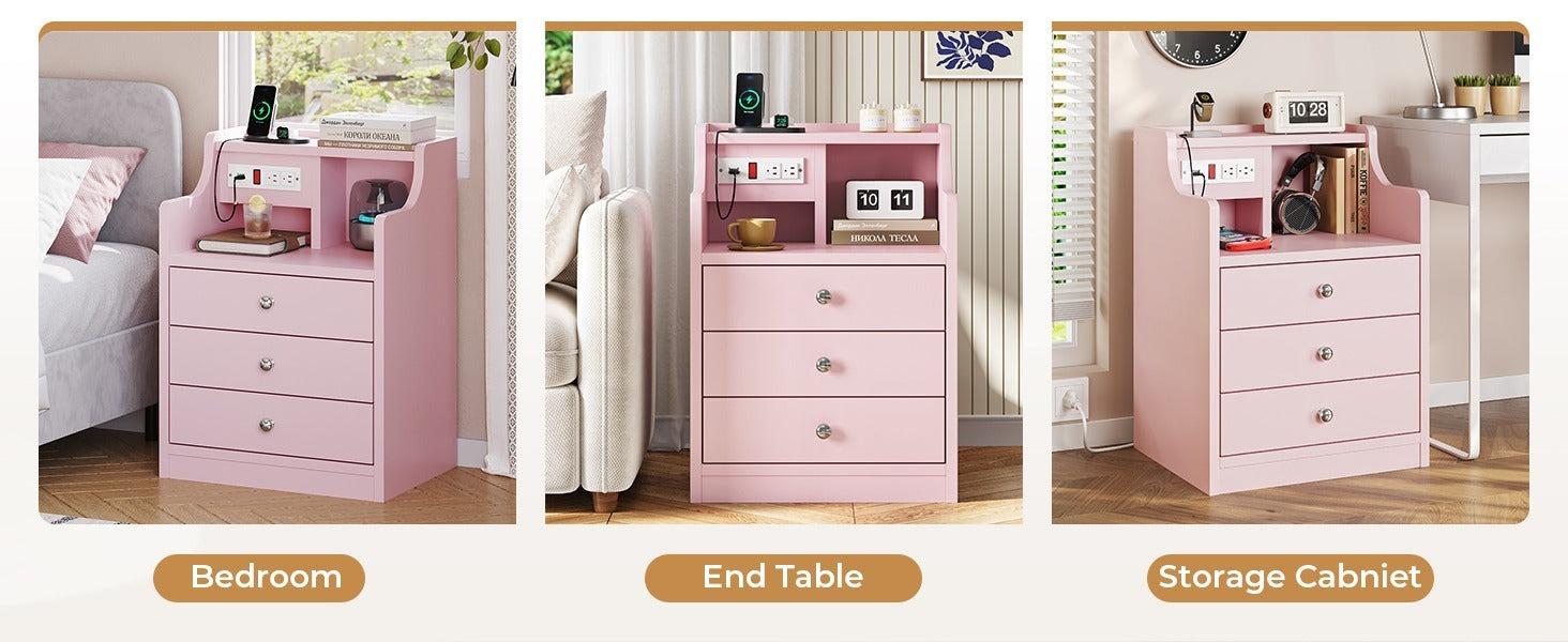 Sikaic Nightstand with Charging Station Storage Drawers Pink Bedroom Table Modern Dressing Table Bedside Cabinet