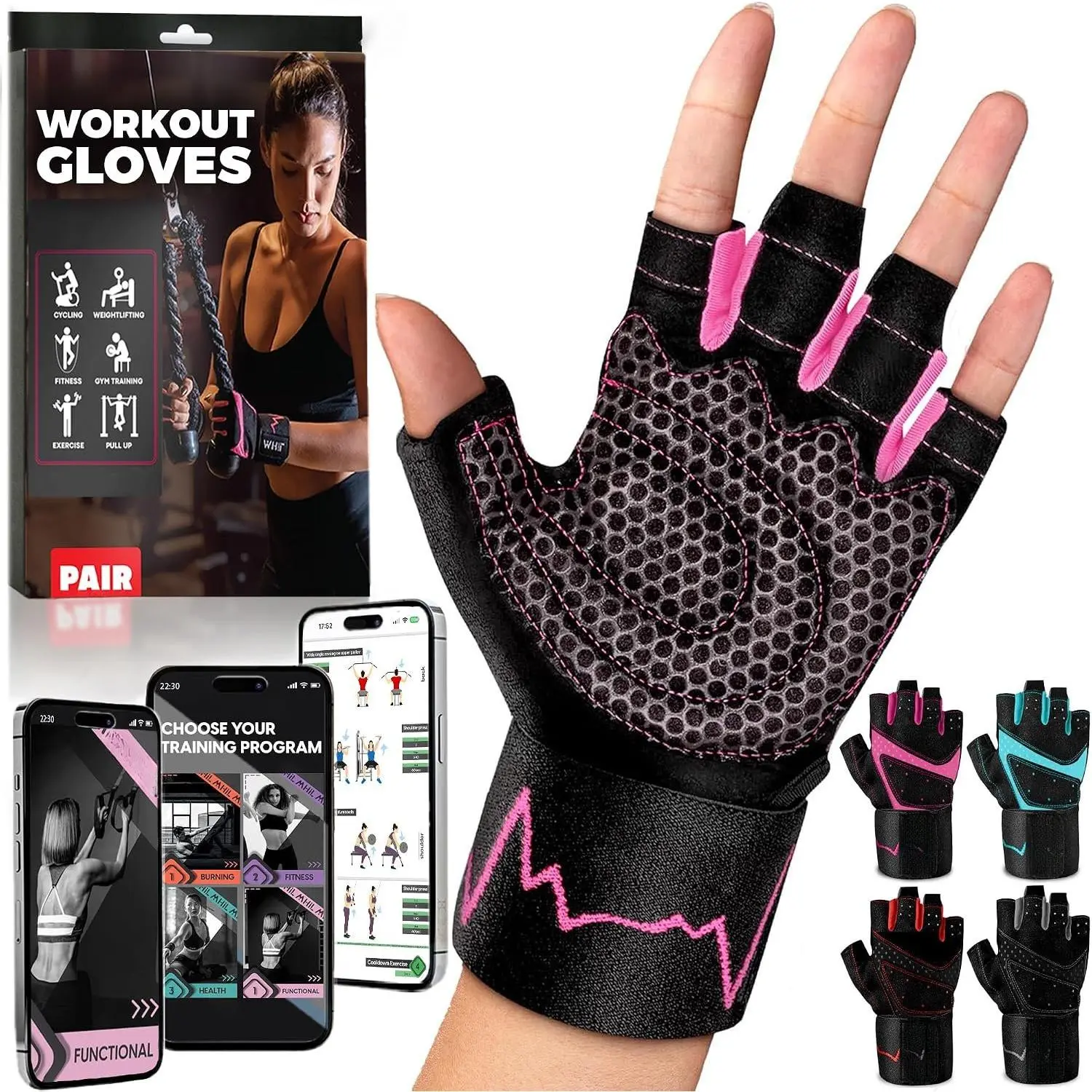 Workout Gloves for Women – Breathable Gym Gloves for Women with Palm  and  Grip – Padded Weight Lifting Glove for Womens with Wrist Wraps Support Weightlifting Exercise Cycling