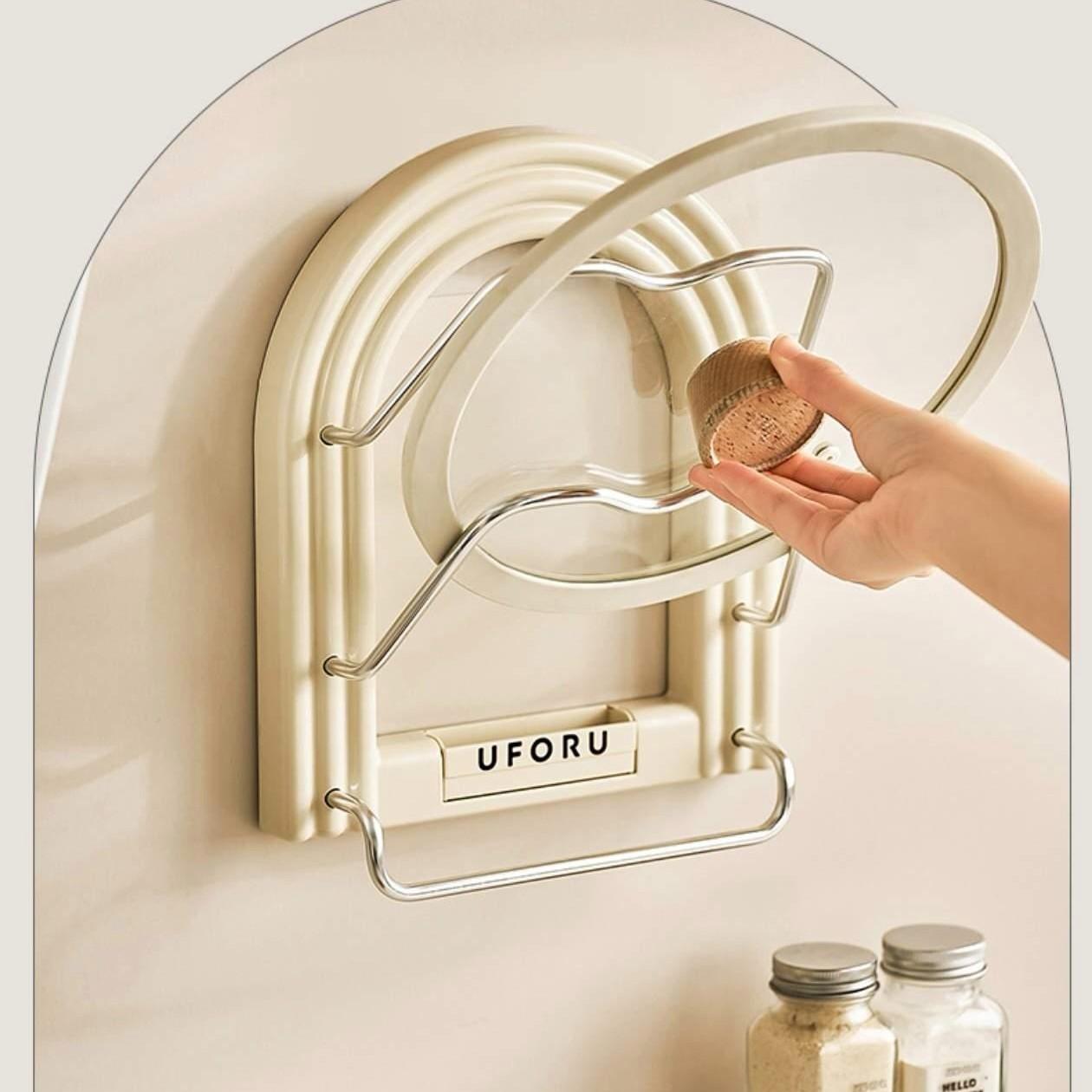 Aluminum Alloy Kitchen Wall Mounted Storage Rack, Multi-Functional No Drilling Pot Lid Holder, Cutting Board Towel Organizer