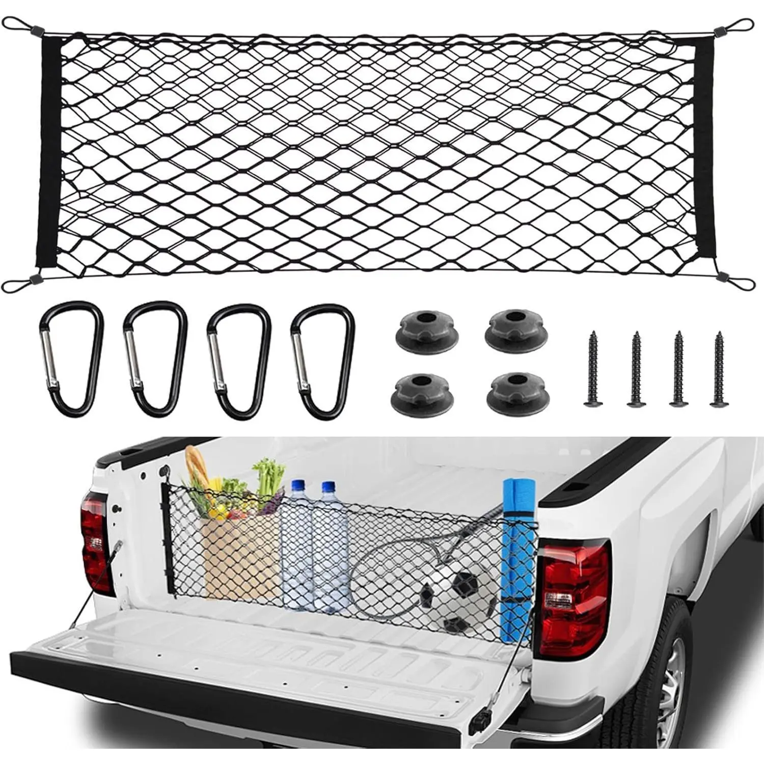 Adjustable Truck Bed Cargo Net, Stretchable Storage Organizer with Hooks for Pickup Trucks, Compatible with Chevy Silverado, Ford F150, GMC Sierra, F250, Tailgate Net for Secure Storage (50 x 18 Inches)