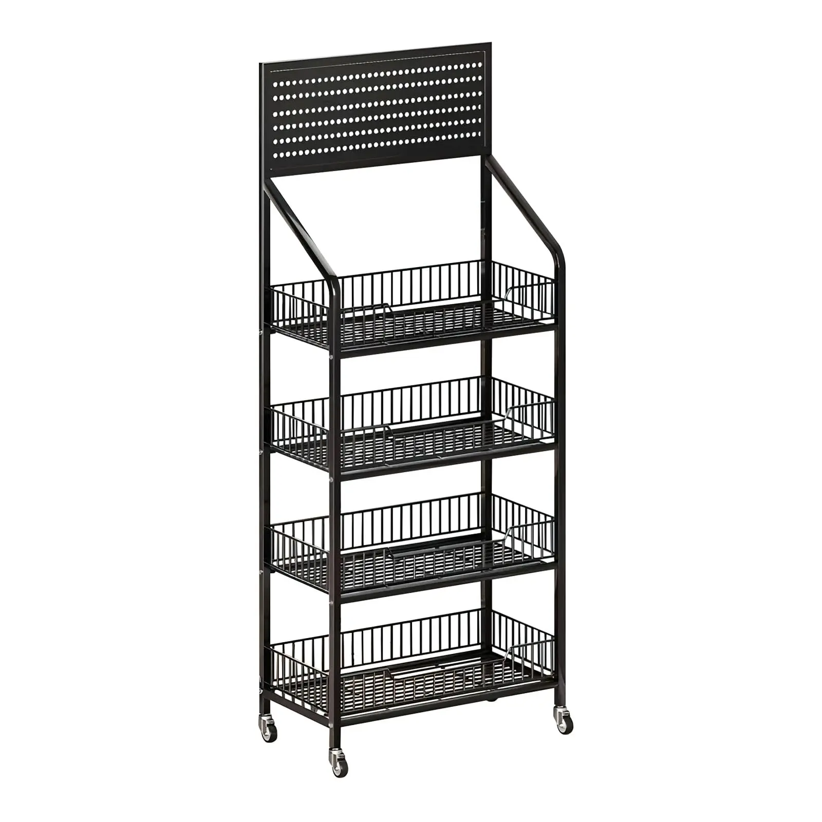 4-Tier Black Metal Rolling Snack Display Rack, Mobile Storage Shelving Unit with Casters, Multi-purpose Organizer for Kitchen Pantry, Retail Shop, Home Living Room Space Saving Storage