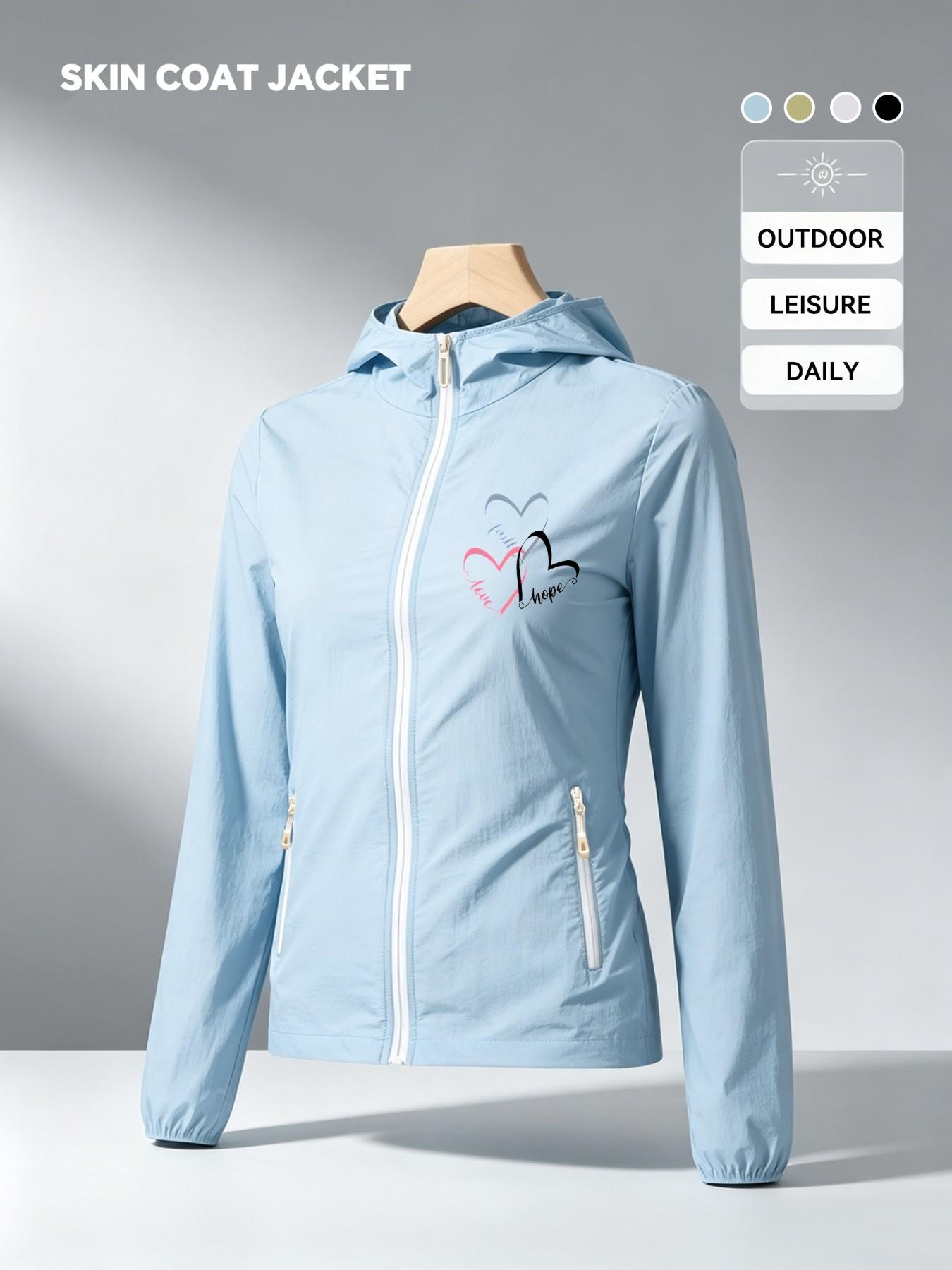 Faith Hope Love Three Color Hearts Print Women Summer Hooded Zip Up Skin Coat Jacket Four Colors Optional Soft Skin Friendly Breathable Lightweight Loose Casual Versatile Outdoor Commuting Essential
