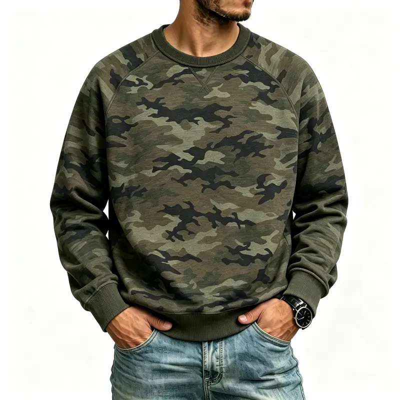 Men‘s 380G Pure Cotton Light Fleece Camo Sweatshirt, Loose Crew neck‑Fit Pullover, Warm Soft Heavyweight Top for Autumn Winter Daily Outdoor Camping Street Wear-YMDJSB002