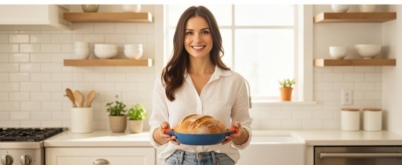 6qt Enameled Cast Iron Dutch Oven for Bread Baking, Non-Stick Dome-Shaped Bread Oven Pot with Lid, Silicone Handles and Scraper, Blue