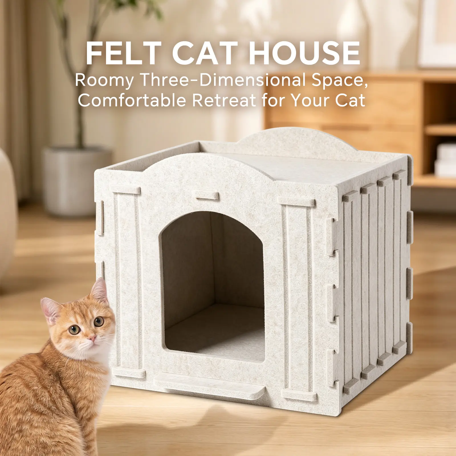 Square Felt Cat House Hut, Spacious Indoor Cat Cave Shelter, Cozy Hideaway Rest Bed for Small Medium Household Cats
