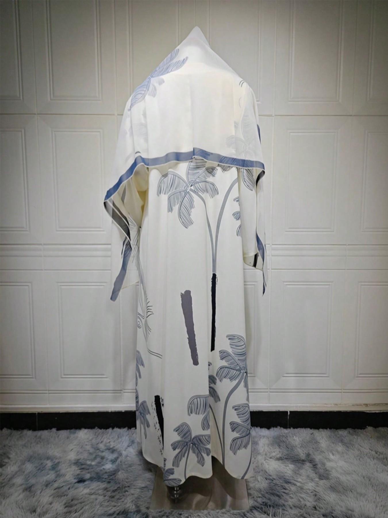 Hafizah Women's Loose-Fit Casual Coconut Tree Print Long Outerwear & Scarf Matching Set for Vacation
