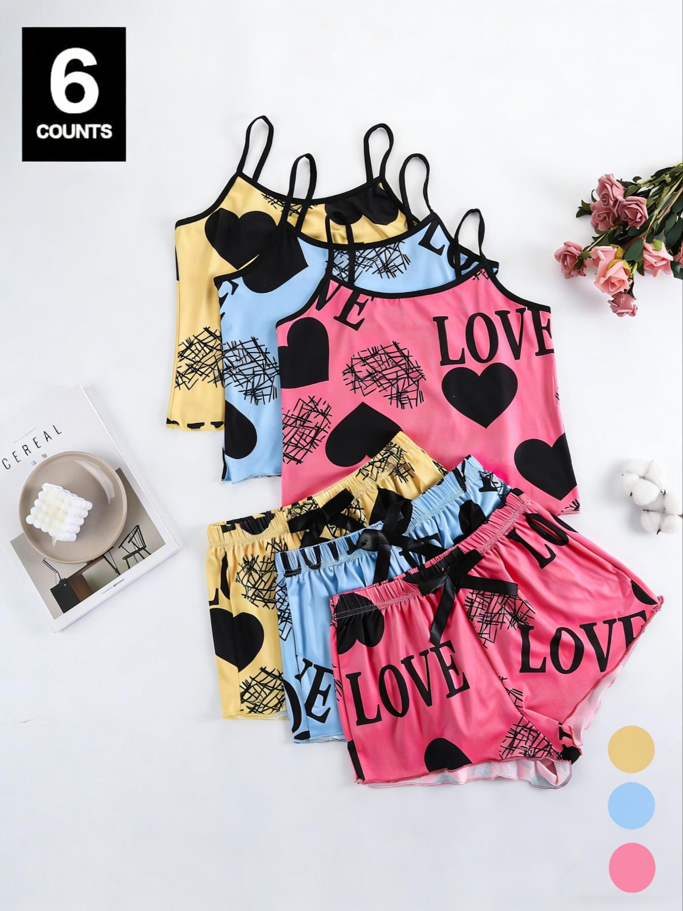 2 Pieces/ 6 Pieces  Women's Heart & Letter Print Lettuce Trim Pyjama Set, Casual Spaghetti Strap Cami Top & Bow Decor Shorts, Summer Sleepwear Loungewear Set for Women