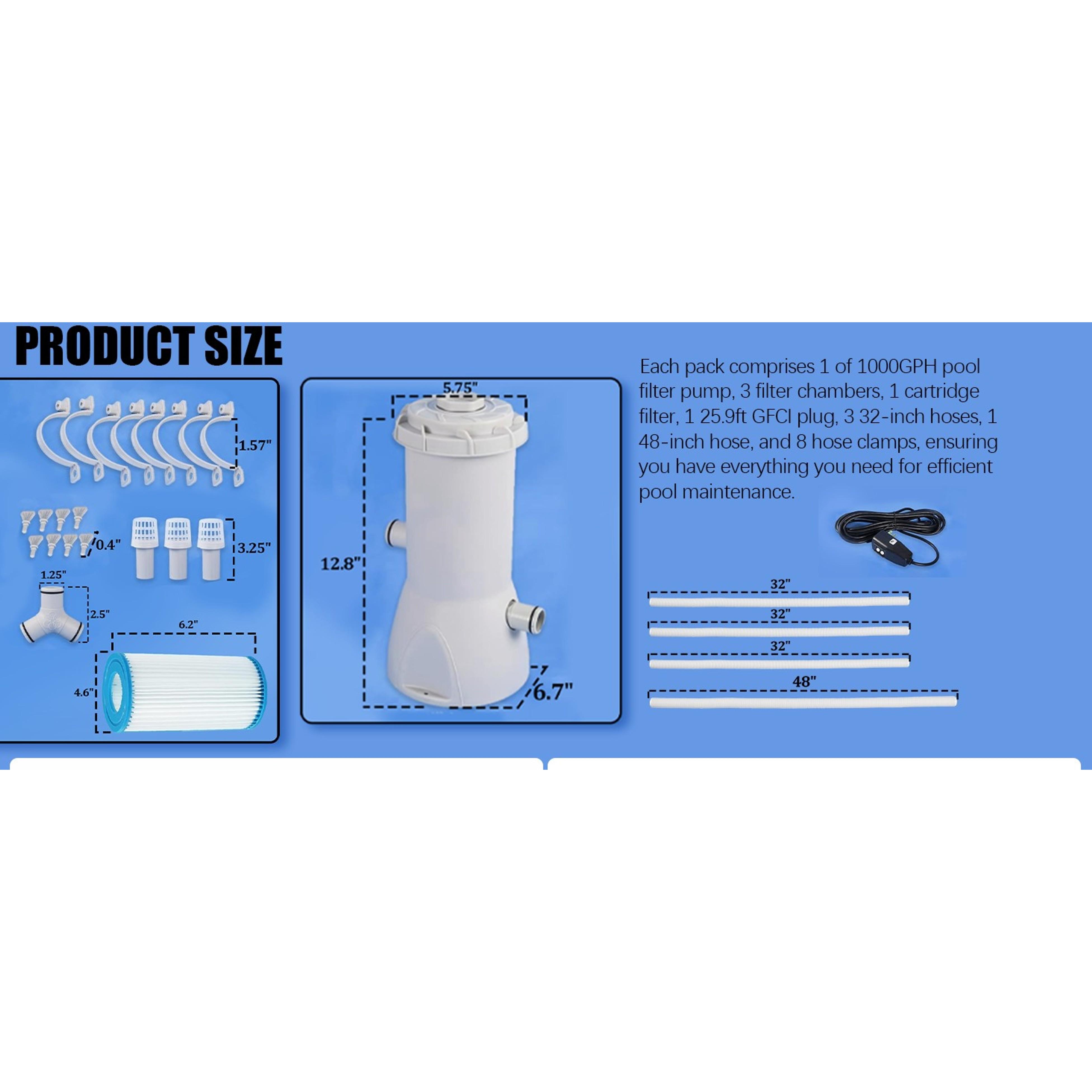 1000 GPH Pool Pumps, Above Ground Pool Filter Pump for Swimming Pools 1000 GPH Pumps Flow Rate All-in-One Above Ground Pools Filters Pump Accessories Uses Type A or C Filter Cartridge
