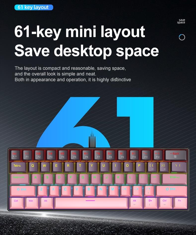 61 Key USB Wired Mechanical Gaming Keyboard Apayado K61, Compact Design, Full Keys Hot Swappable , Blue/Red Switches, E-Sports Office Use, Compact Design