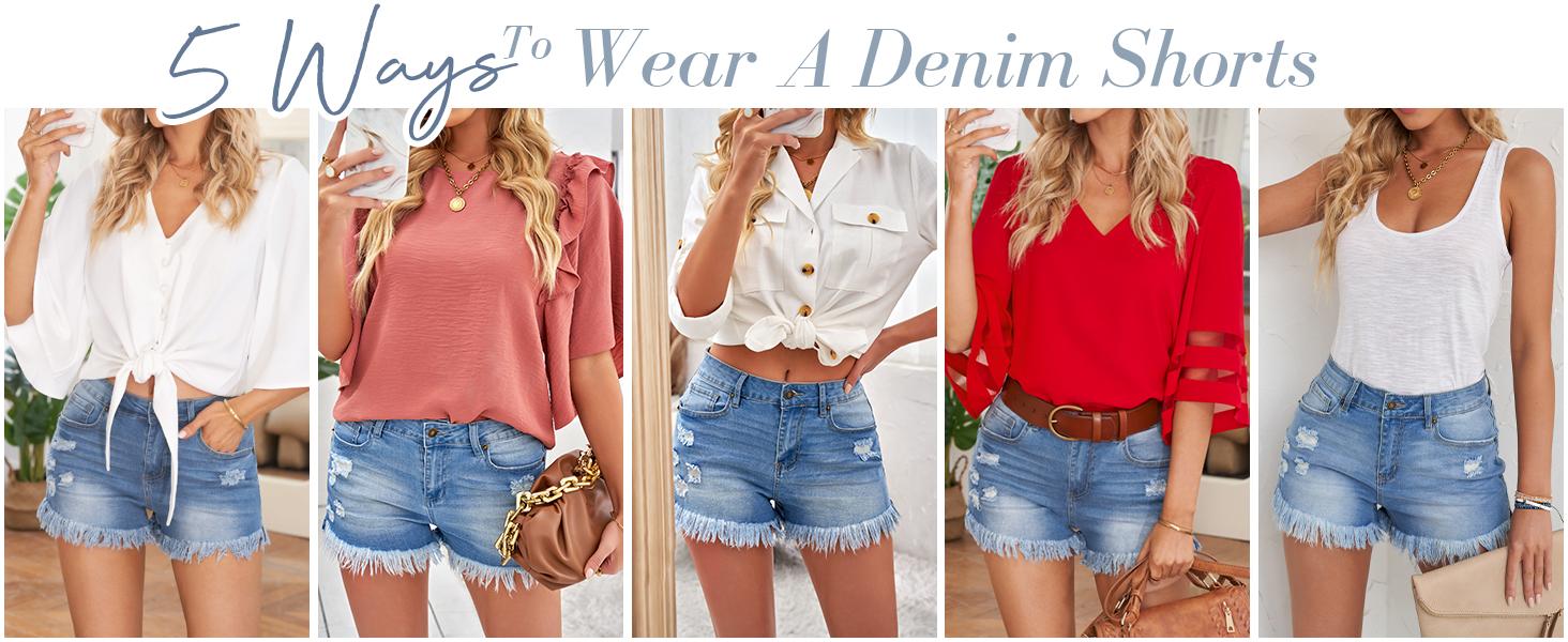 Luvamia Women's High Waisted Denim Shorts Frayed Raw Hem Ripped Jeans Shorts Fit Bottoms Casual Summer Outfits