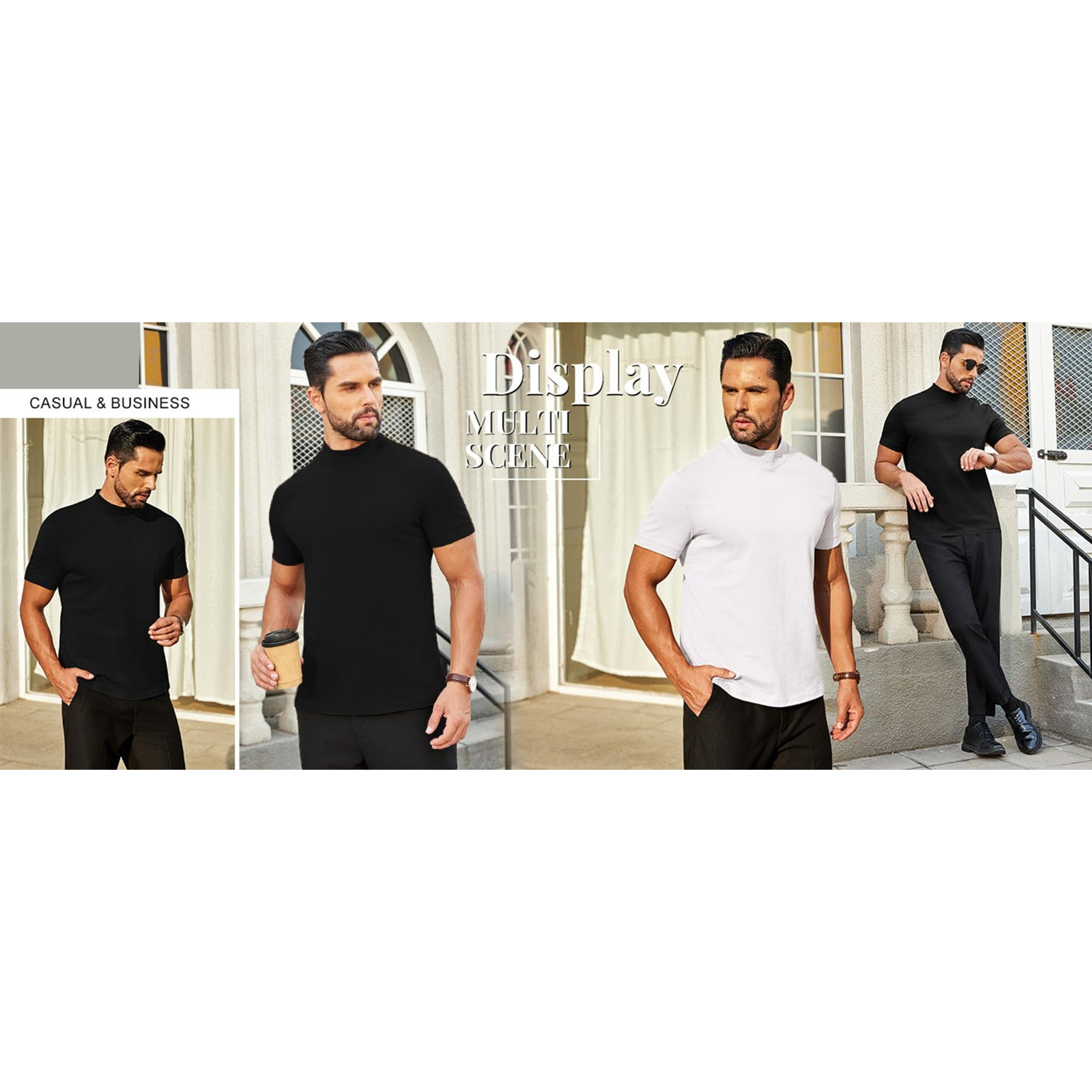 Mens Casual Premium Cotton Mock Turtleneck Short Sleeve T-Shirt Basic Half Neck TopGift