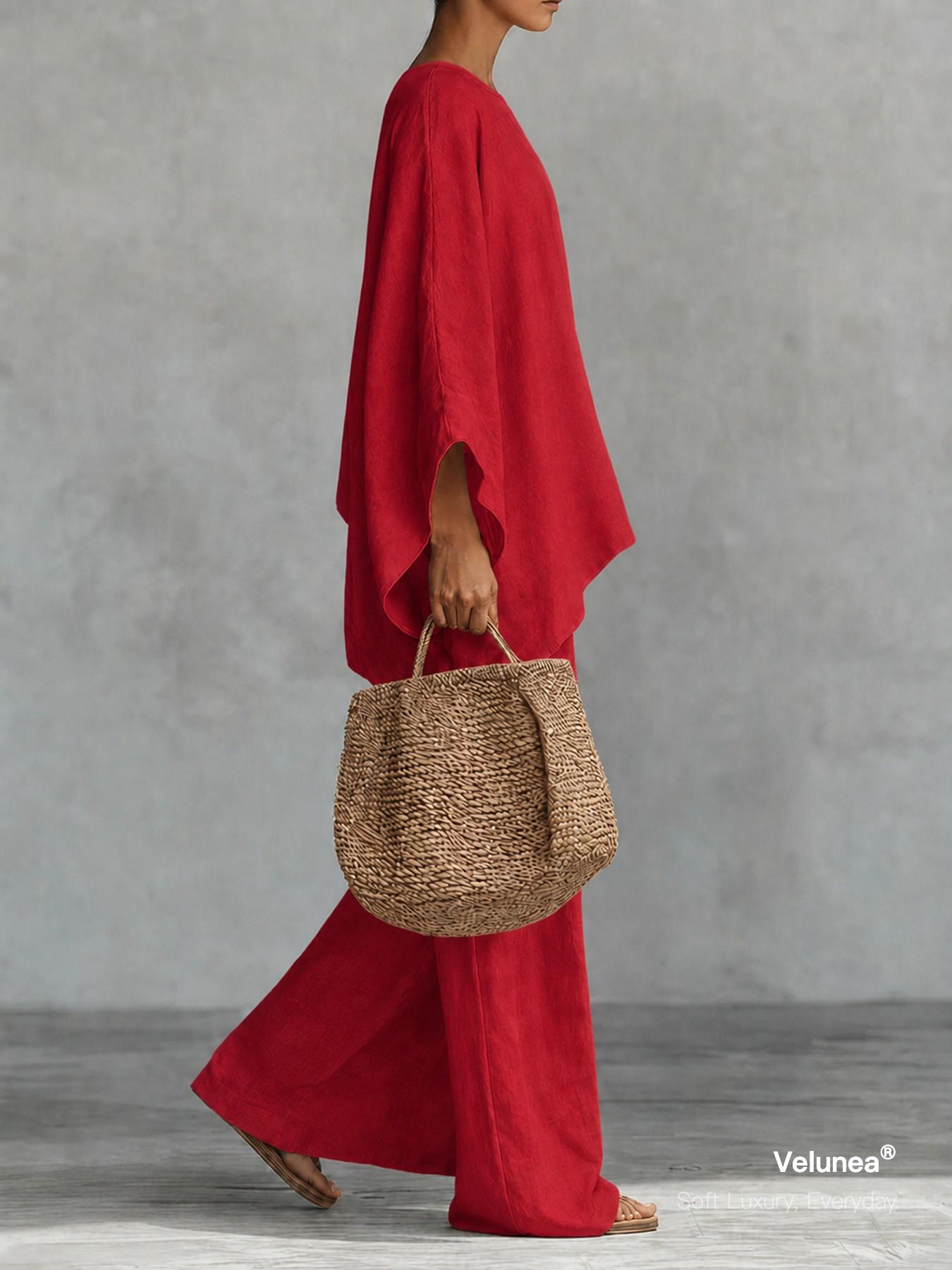 2-Piece Set, Velunea Women’s Elegant Casual Wide Leg Pants Set, Draped Cape Top and Flowing Trousers Matching Outfit, Minimalist Resort Wear for Vacation and Everyday Style