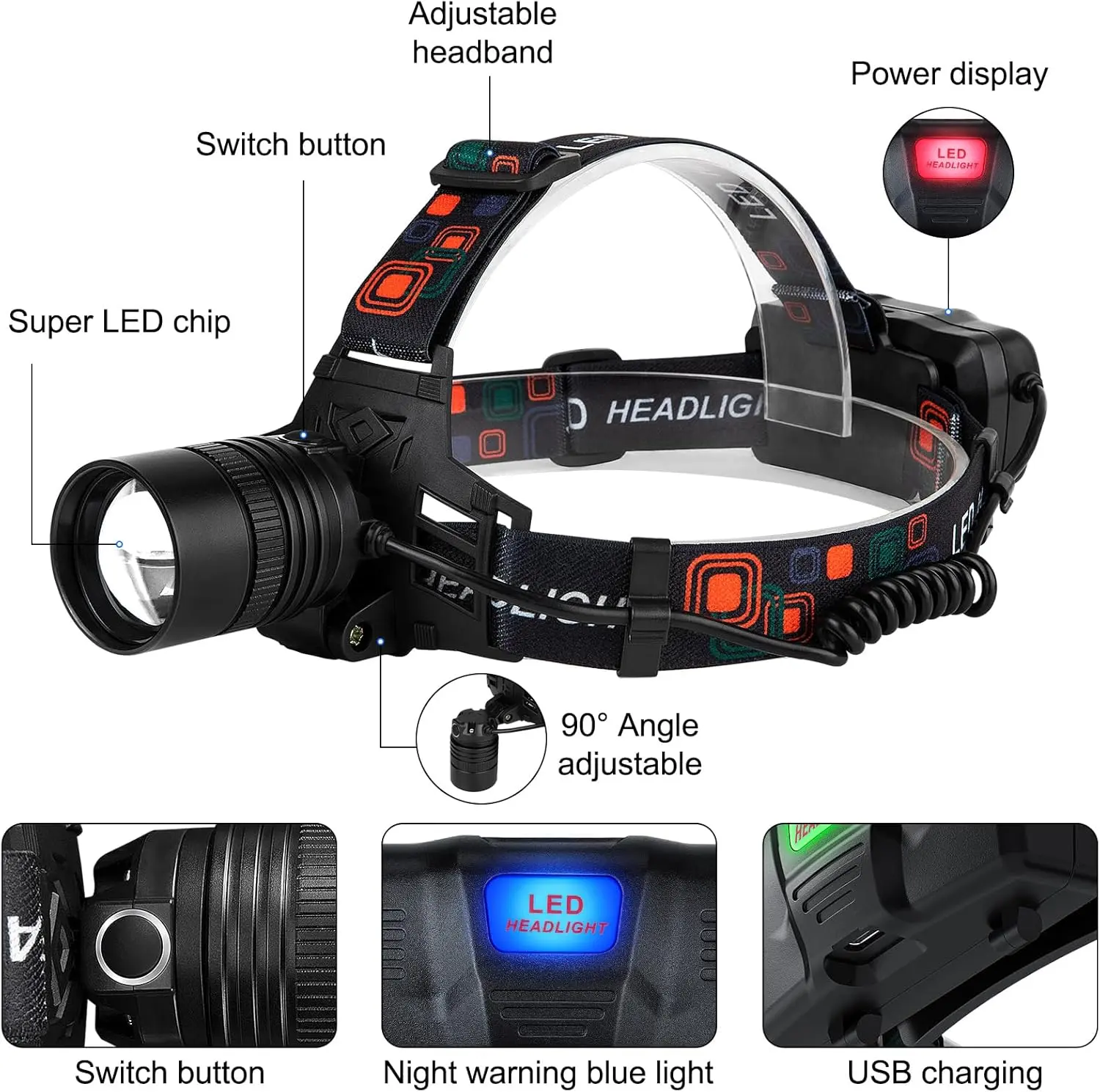 LED front headlight - rechargeable, adjustable focus and 90° tilt, with warning tail light, 4 modes, suitable for camping, hiking, exploration, repair work and emergency use, durable front light