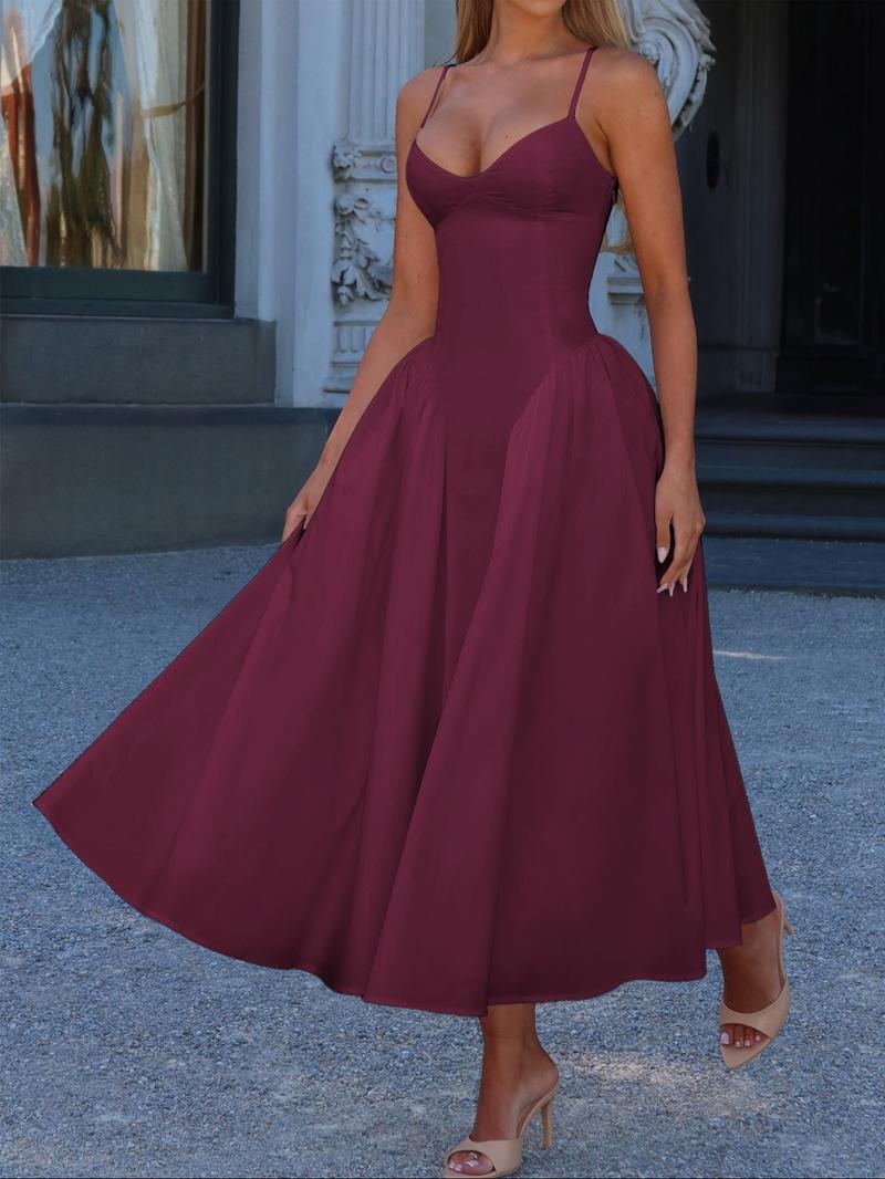 Pure Color Elegant Sleeveless Long Dress, Waist Cinched Design, Fitted Style, Plain Pattern, Perfect for Various Occasions