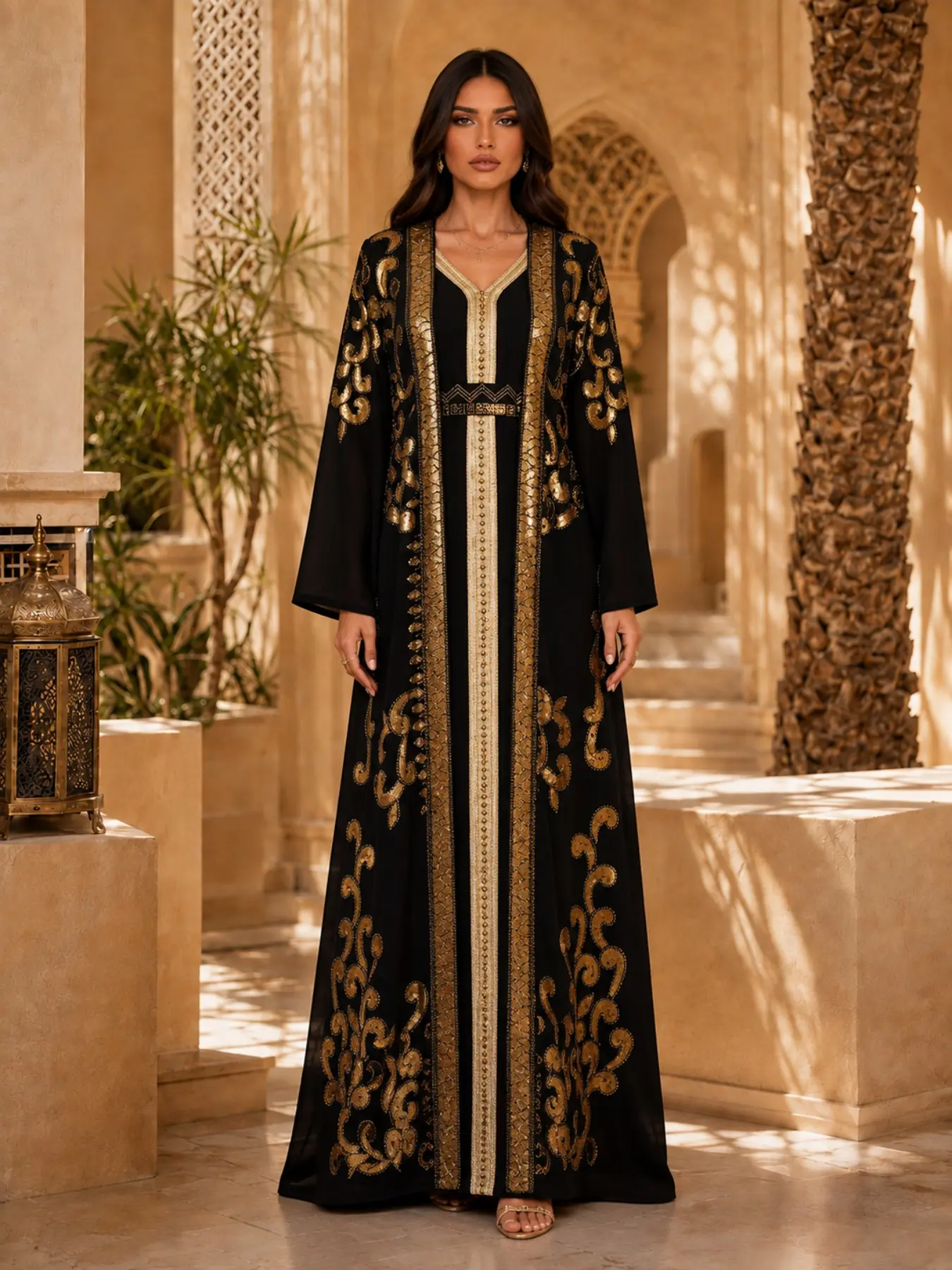 Gold Embroidered Two-Piece Dubai Muslim Robe, Elegant Islamic Clothing, Heavy Sequin Open Front, Elegant Long Sleeve Maxi Dress for All Seasons
