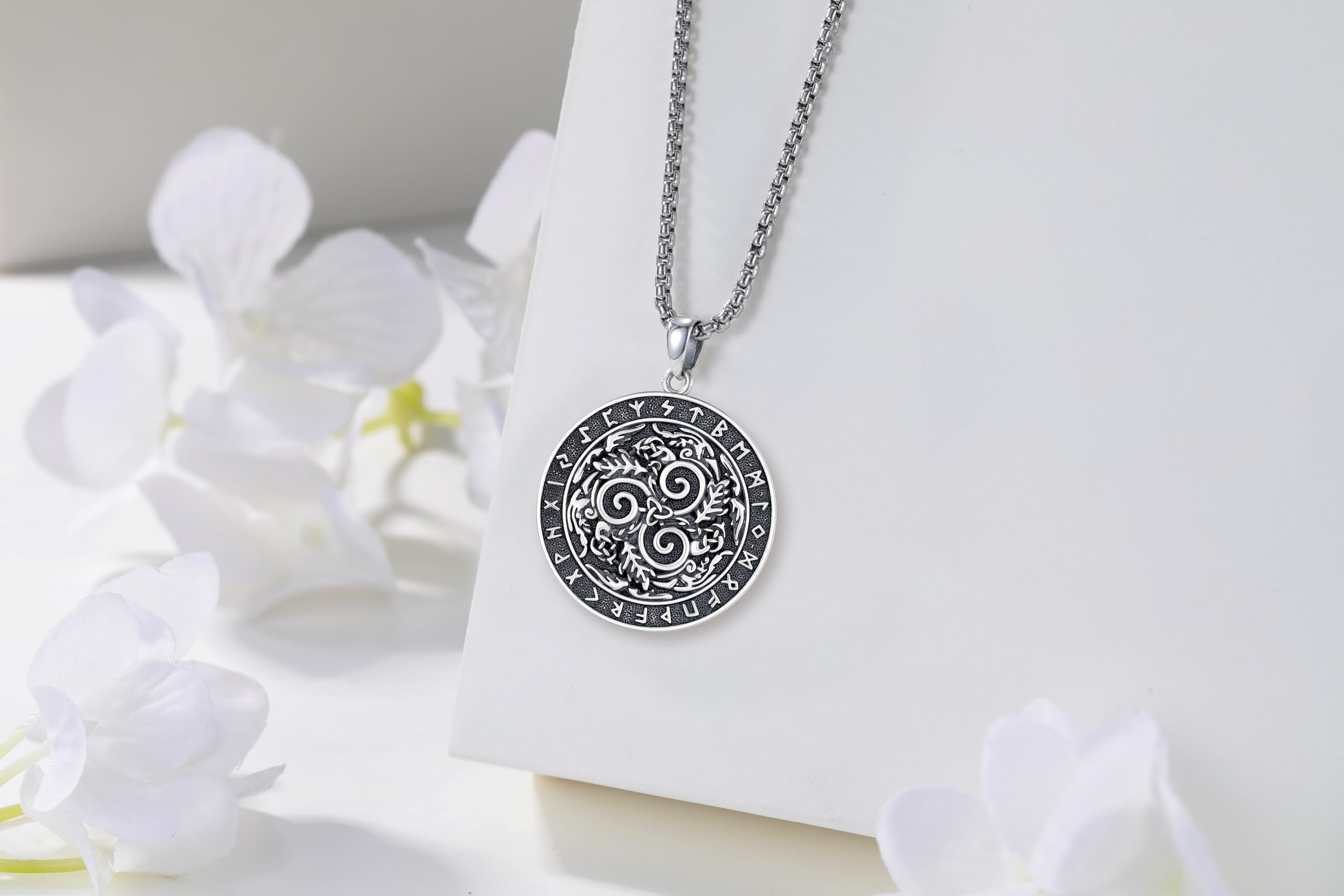 Thanches 925 Sterling Silver Triskelion Necklace Norse Protective Triple Amulet with Runic Circle Religious Symbolizing Strength Perfect Jewelry Gift for Men Women