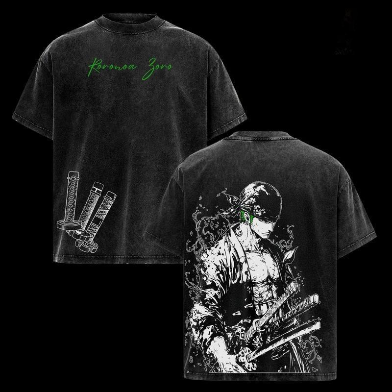 Valentine Shirts Zoro Three Swords Vintage Washed Oversized Tee Op Retro Anime Manga T Shirt For One Piece Fans Streetwear Lovers Casual Daily Wear Y2K Style Comfortable Crew Neck Top