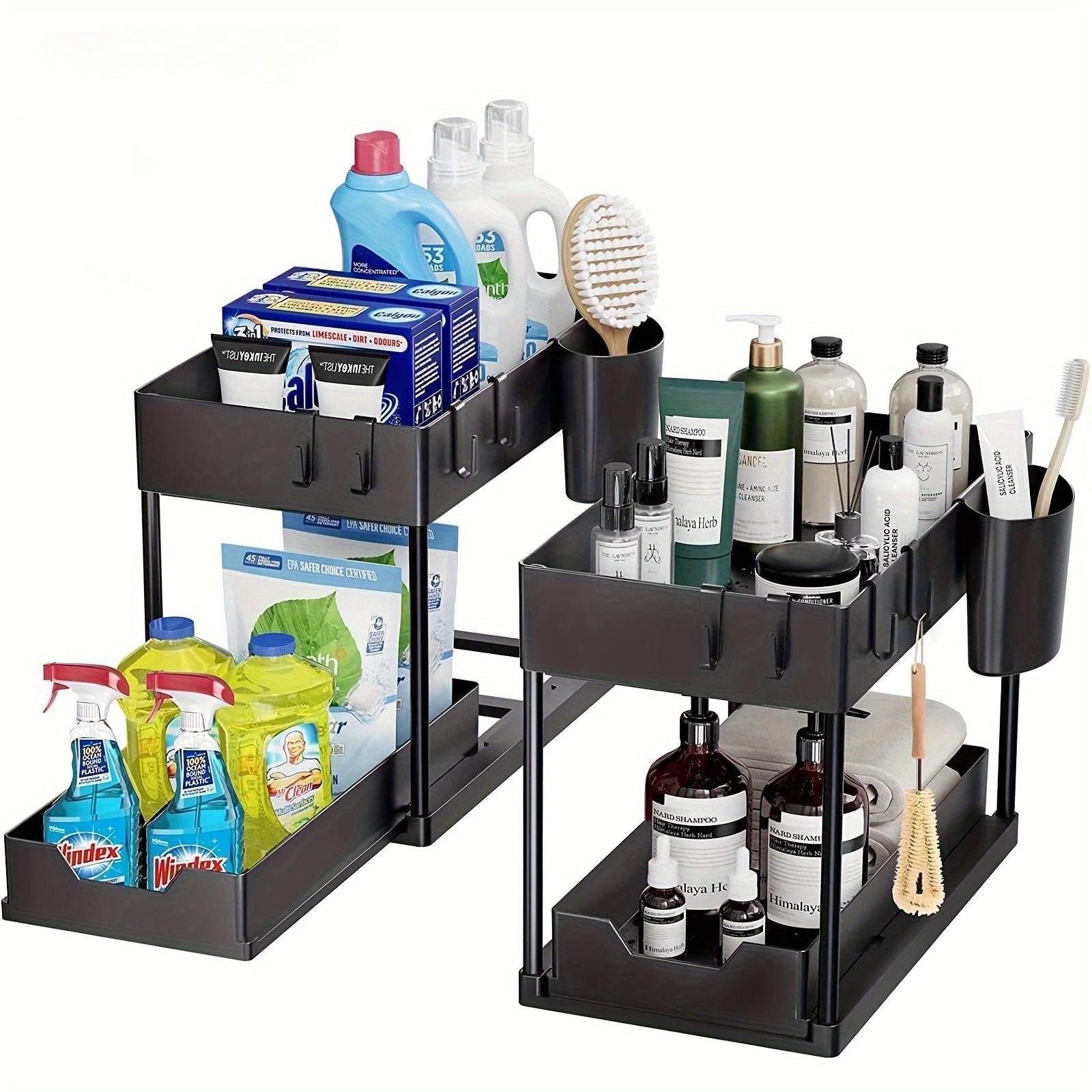 Sliding Sink Organizer Rack with Metal Frame, Pull-Out Storage Basket, Adjustable Storage, Space Saving Cabinet Organizer for Kitchen Bathroom Laundry Room