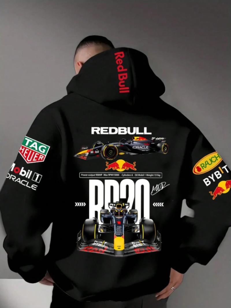 Men's Hooded Sweatshirt F1 Racing Team Collaboration Print Design, Cotton Fleece Material, Loose Fit Mid-Length, and ' Bull Rb20' Racing Theme