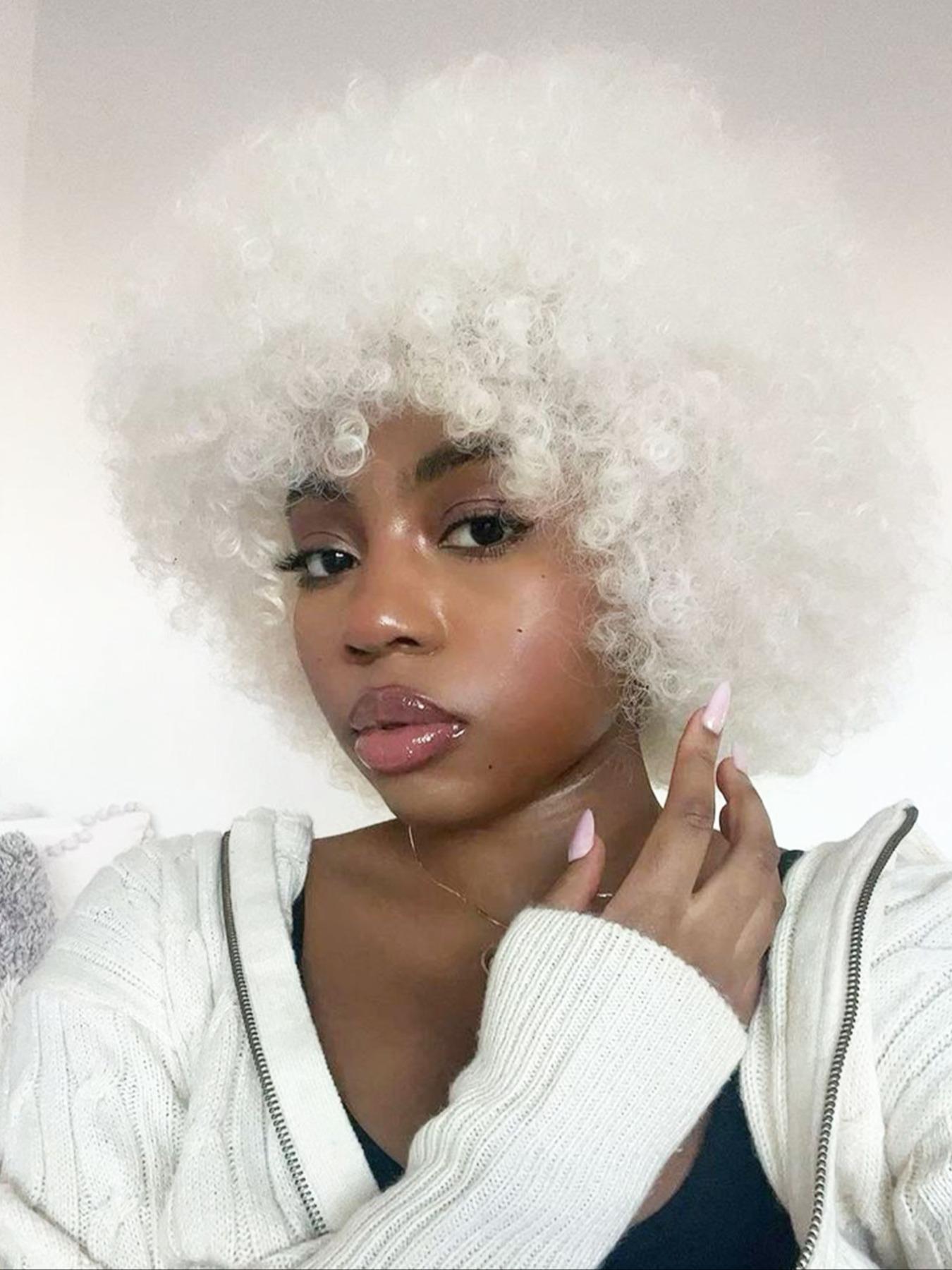 Afro Wigs for Black Women African Wigs 70s Afro Kinky Curly Huge Fluffy White Wig with Bangs Black Large and Soft Afro Wigs Natural Looking Synthetic Hair for Cosplay Halloween Daily and Party